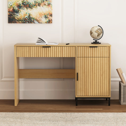 47" Office Desk with Fluted Drawers, Wooden Home Exectuive Desk with Storage Cabinet, Charging Station, Metal Legs Modern Farmhouse Computer Desk for Work, Study