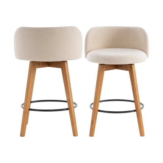 26" Swivel Bar Stools Set of 4, Farmhouse Upholstered Bar Chairs with Curved Back and Wood Legs, Chenille Fabric Counter Height Island Chairs for Kitchen Island