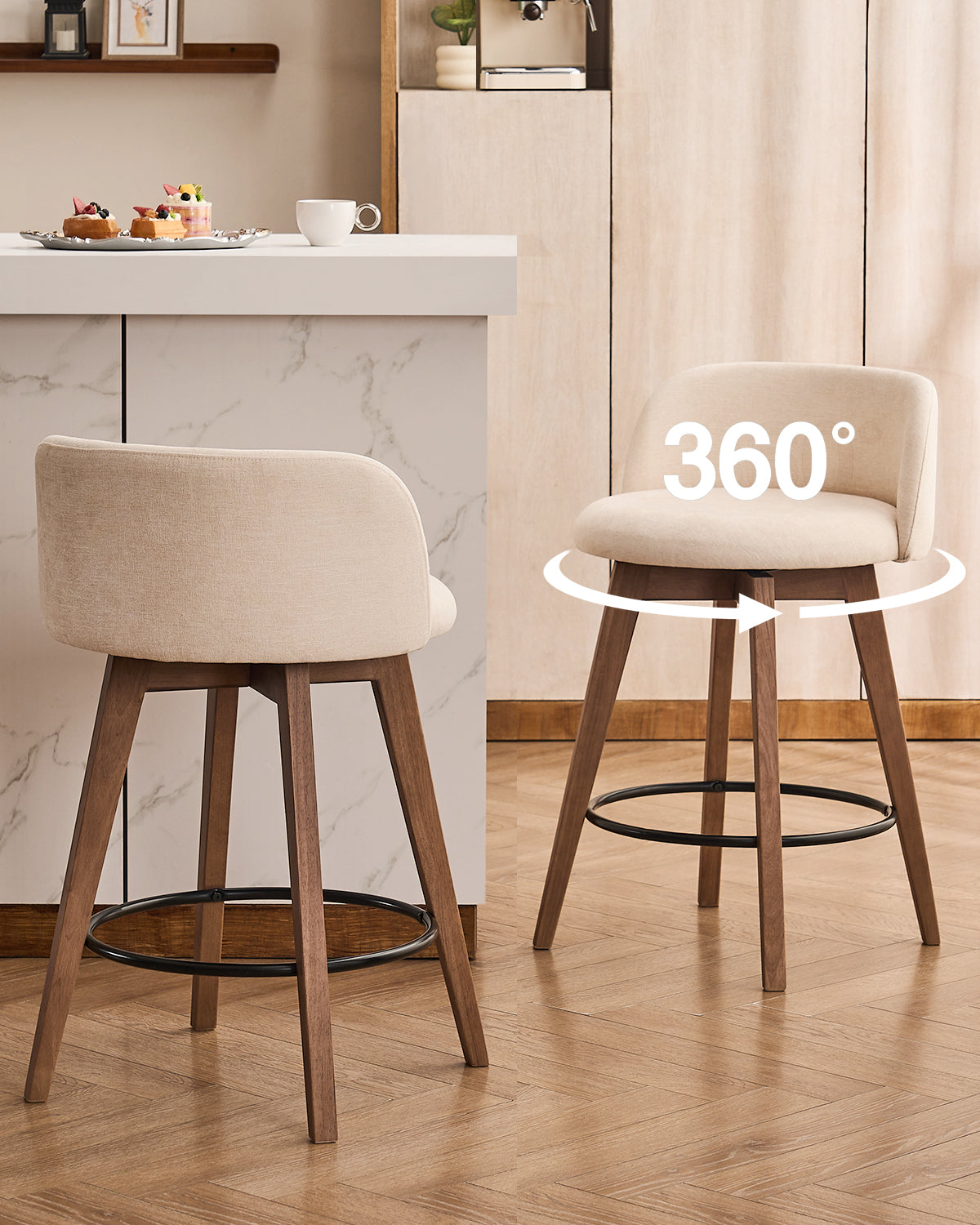 26" Swivel Bar Stools Set of 4, Farmhouse Upholstered Bar Chairs with Curved Back and Wood Legs, Chenille Fabric Counter Height Island Chairs for Kitchen Island