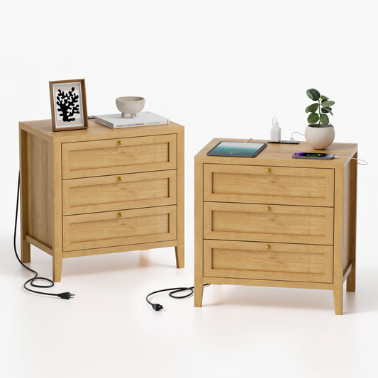 Farmhouse Nightstands Set of 2 with 3 Drawers Larger Night Stand with Charging Station Tall Bed Side Table Wide Nightstand End Table for Sofa, Bedroom