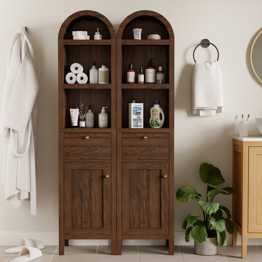 67" Arched Tall Narrow Bathroom Storage Cabinet Brown | Arched Roof / Adjustable Shelves / Smooth Guide Rails / Anti-tilt Kit / Magnetic Attachment Design / Sturdy Wooden Legs