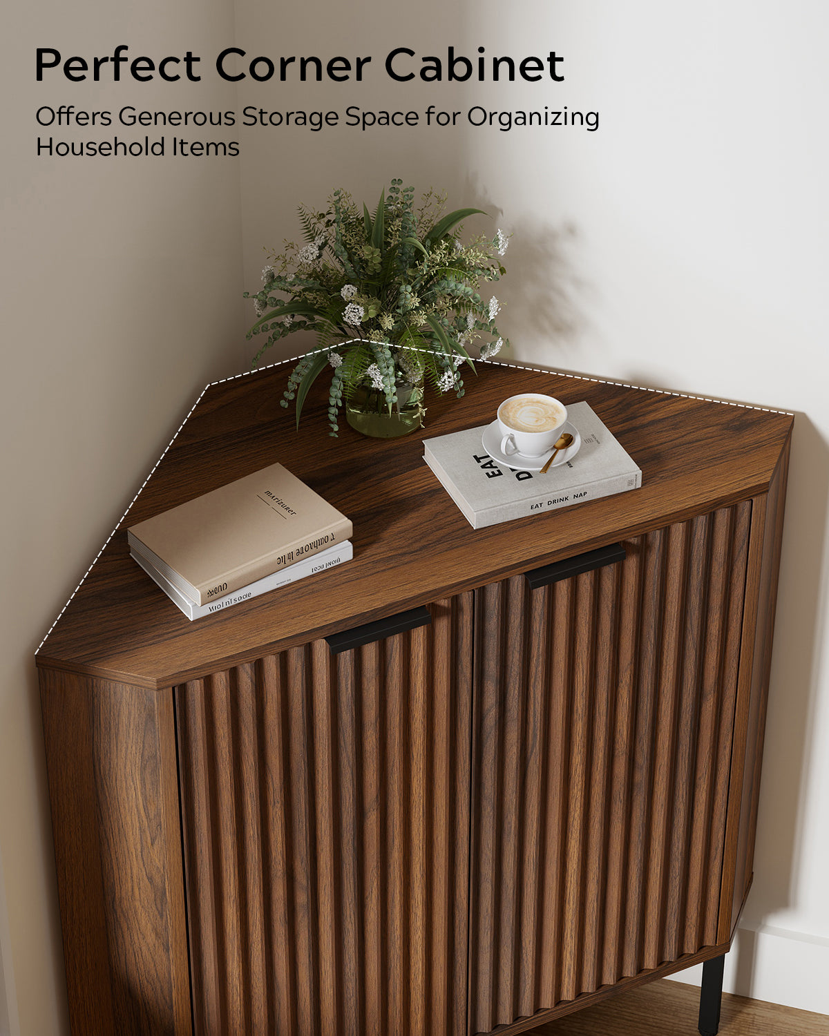 Modern Fluted Corner Cabinet, Small Floor Storage Cabinet with Adjustable Shelf & Metal Legs, Wooden Freestanding Narrow Organizer for Living Room Kitchen