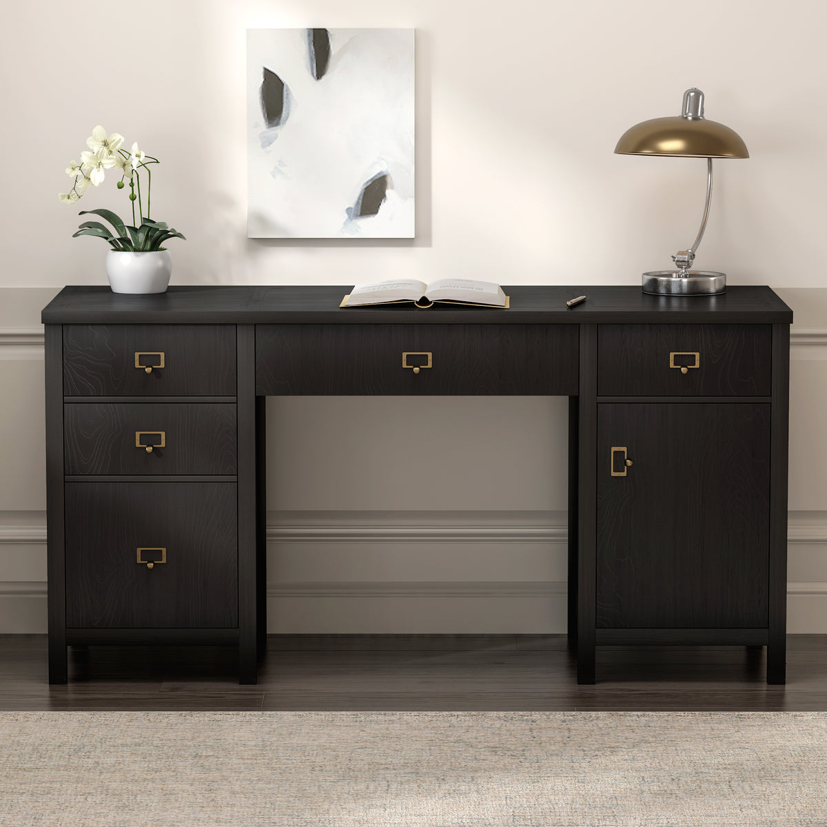 59" Executive Desk with File Drawer, Farmhouse Computer Desk with Charging Station and Storage Cabinet Wood Home Office Desk for Writing Study