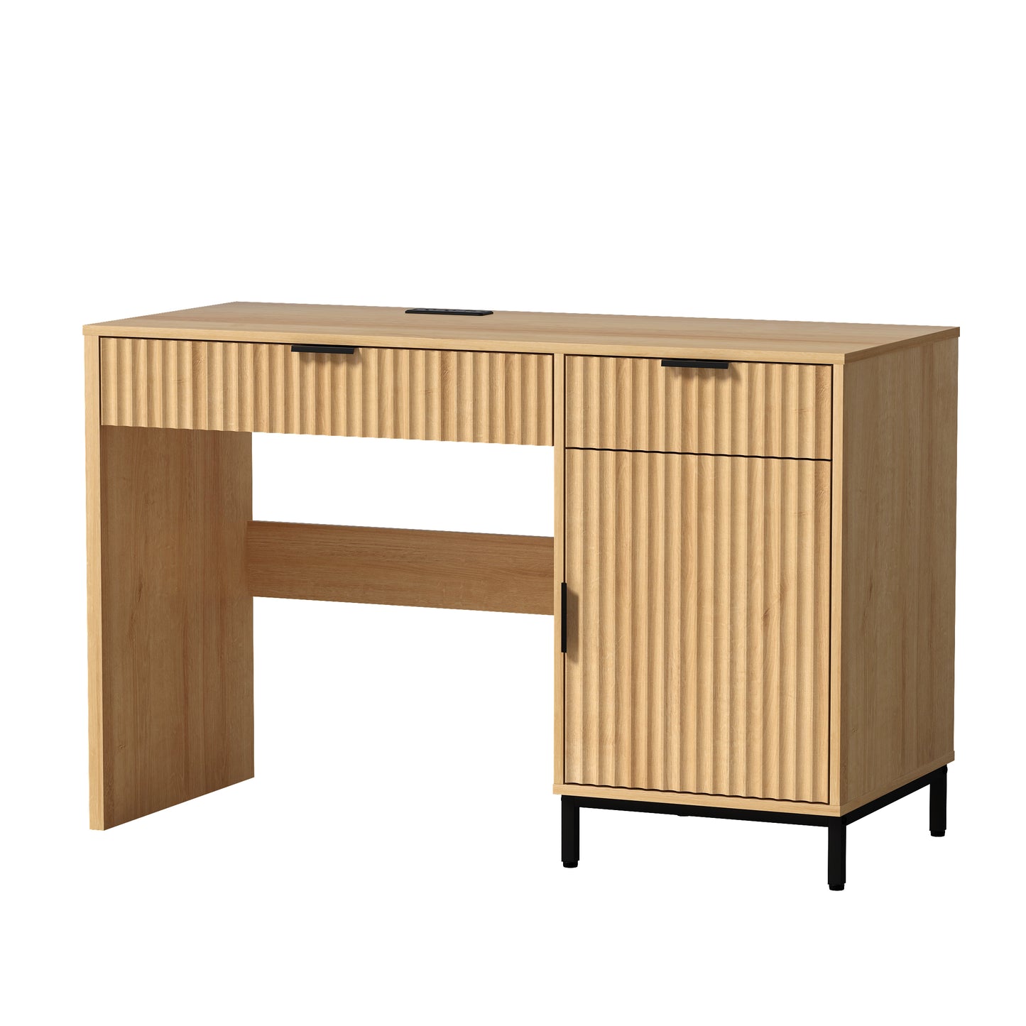 47" Office Desk with Fluted Drawers, Wooden Home Exectuive Desk with Storage Cabinet, Charging Station, Metal Legs Modern Farmhouse Computer Desk for Work, Study