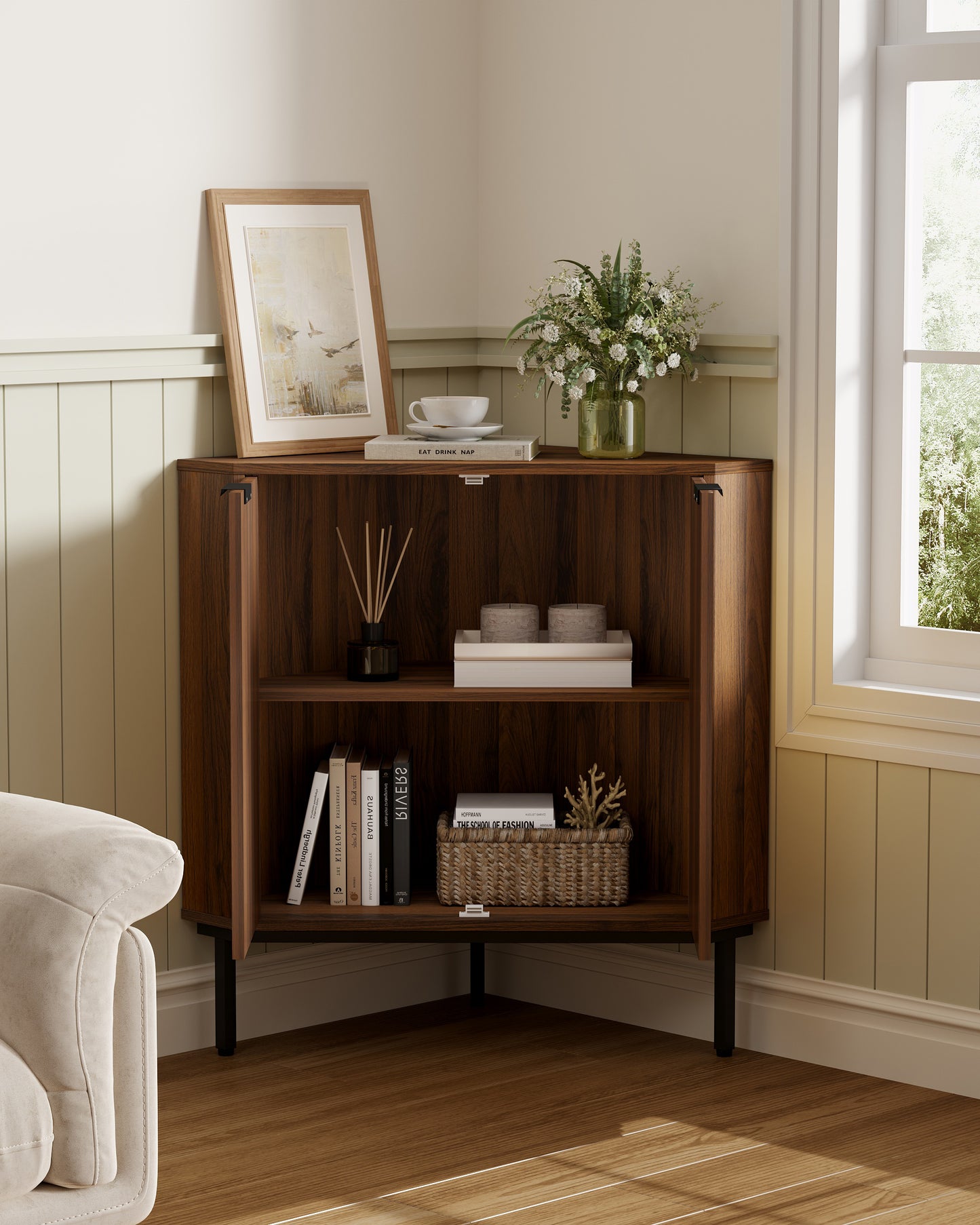 Modern Fluted Corner Cabinet, Small Floor Storage Cabinet with Adjustable Shelf & Metal Legs, Wooden Freestanding Narrow Organizer for Living Room Kitchen