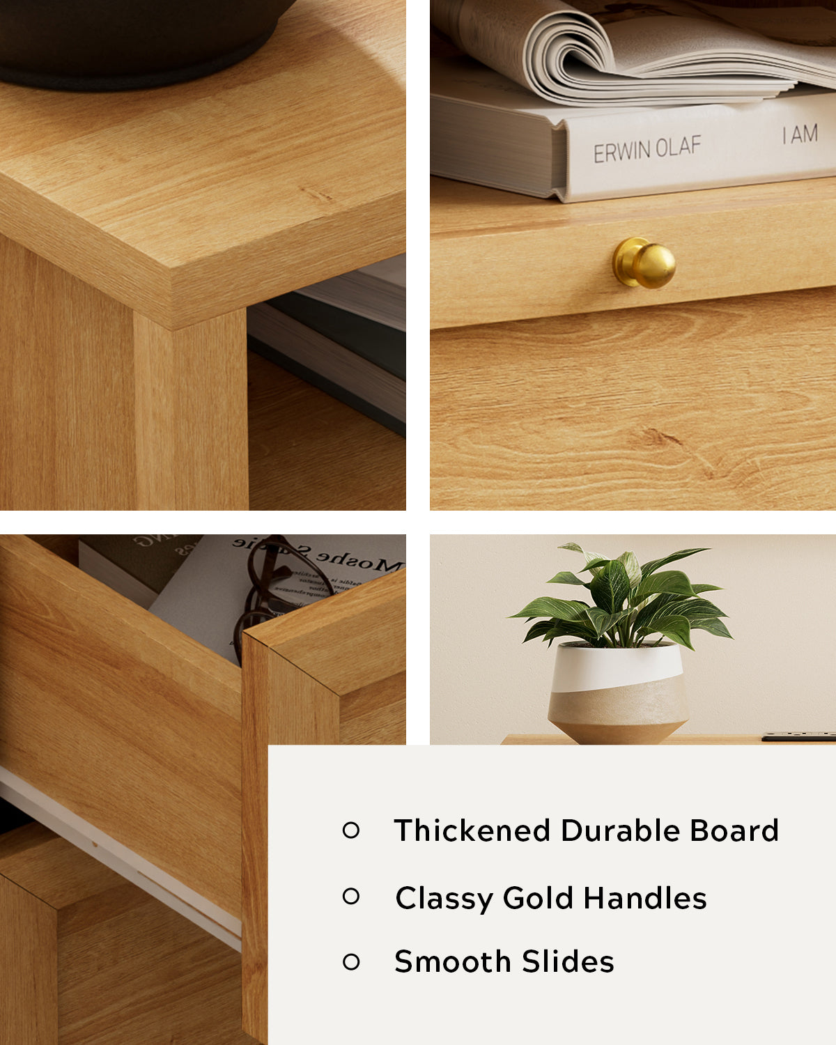 Farmhouse End Table with 2 Drawers, Wooden Nightstand with Open Storage Cable Hole Freestanding Wide Bedside Table for Bedroom Living Room Sofa