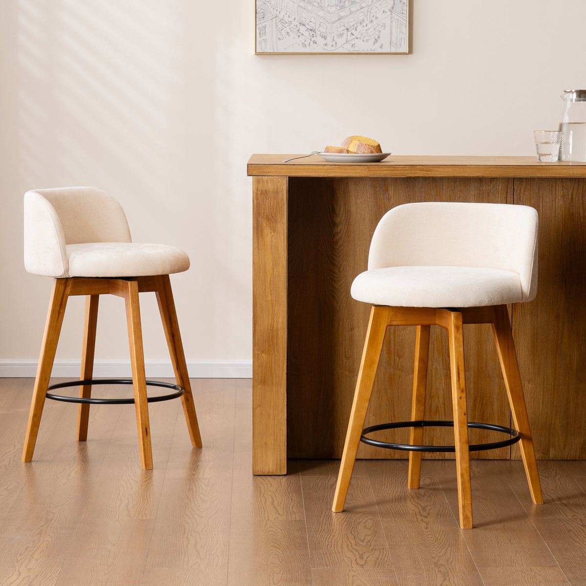 26" Swivel Bar Stools Set of 4, Farmhouse Upholstered Bar Chairs with Curved Back and Wood Legs, Chenille Fabric Counter Height Island Chairs for Kitchen Island