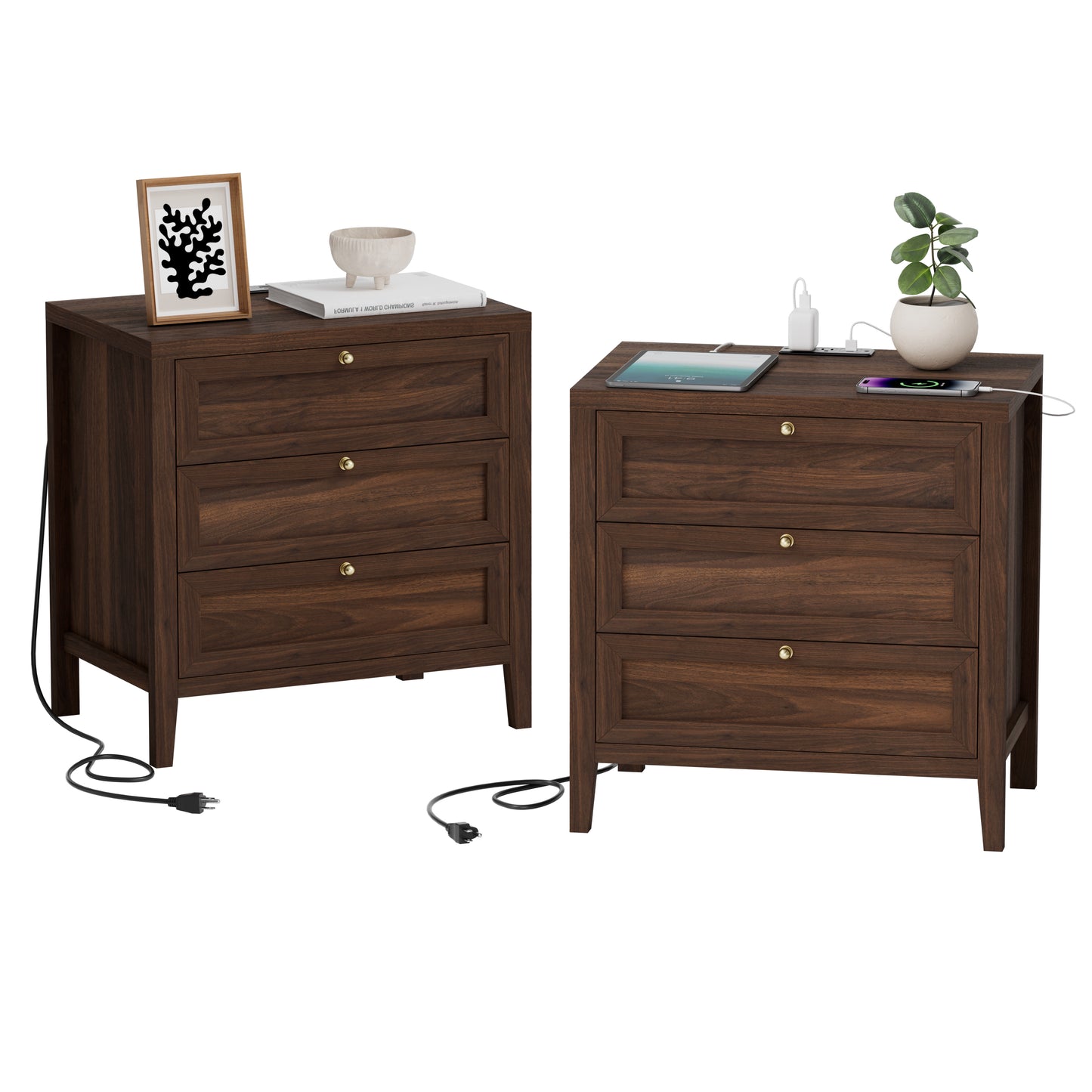 Farmhouse Nightstands Set of 2 with 3 Drawers Larger Night Stand with Charging Station Tall Bed Side Table Wide Nightstand End Table for Sofa, Bedroom
