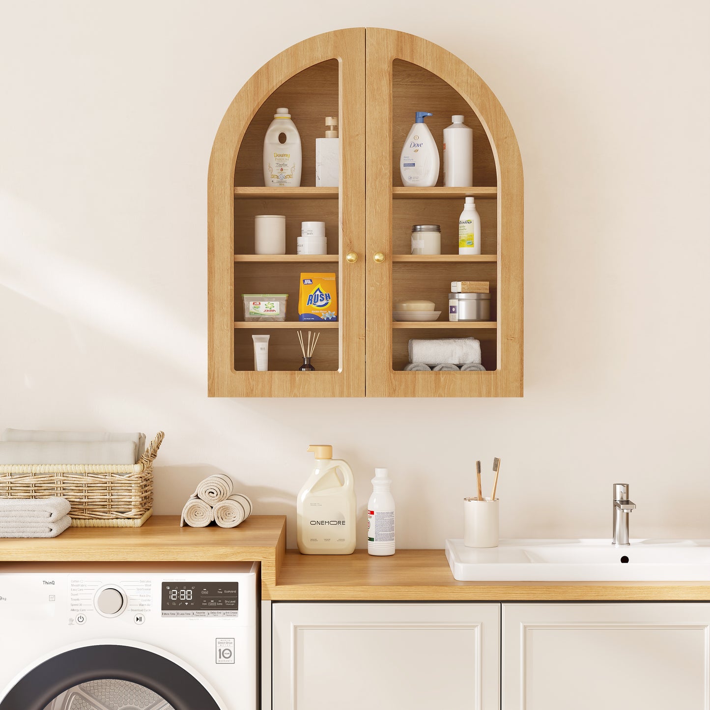 Modern Arched Wall Cabinet, 23.6" Medicine Cabinet with Glass Doors & Adjustable Shelves, Wall Mounted Wood Cabinet for Bathroom, Laundry Room, Kitchen