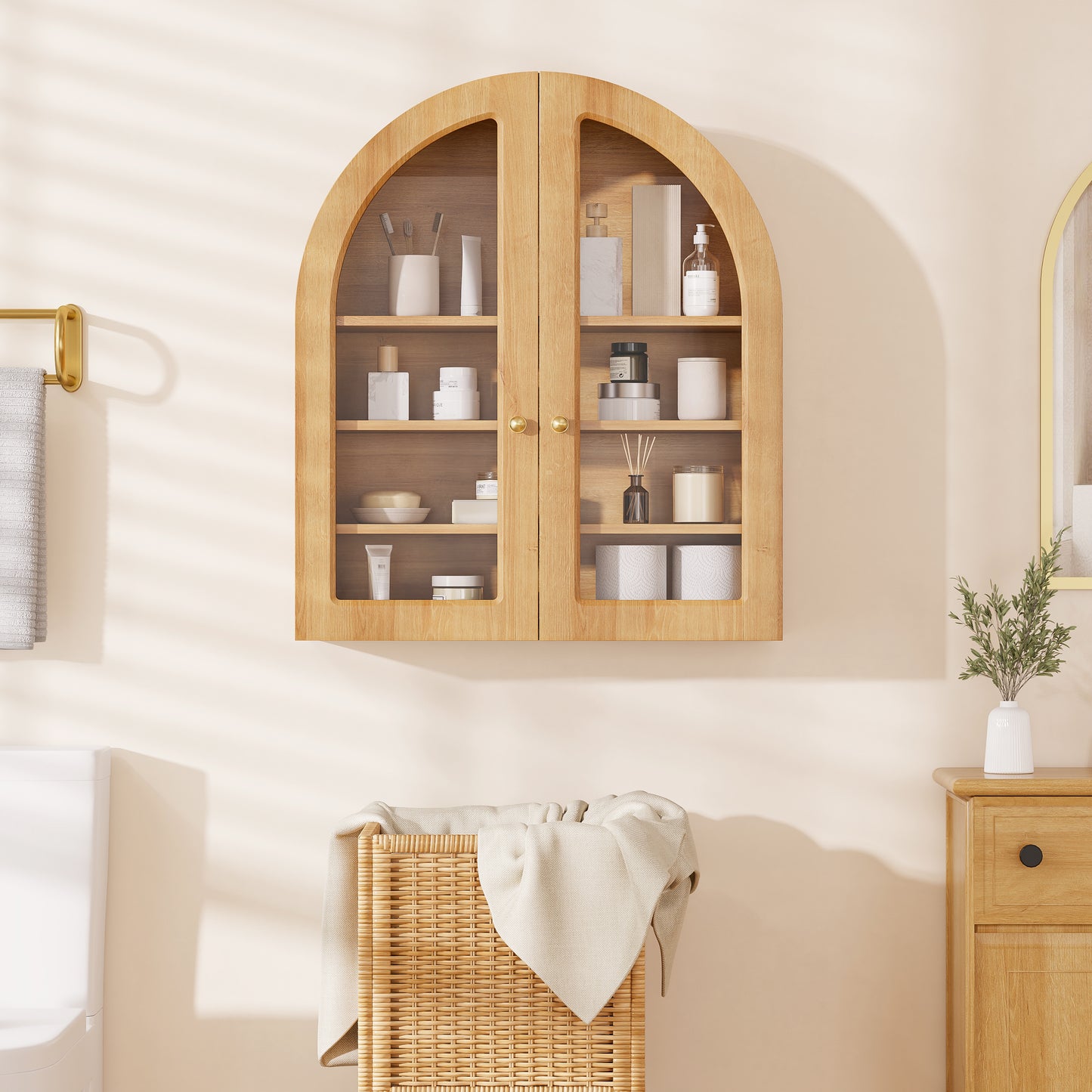Modern Arched Wall Cabinet, 23.6" Medicine Cabinet with Glass Doors & Adjustable Shelves, Wall Mounted Wood Cabinet for Bathroom, Laundry Room, Kitchen