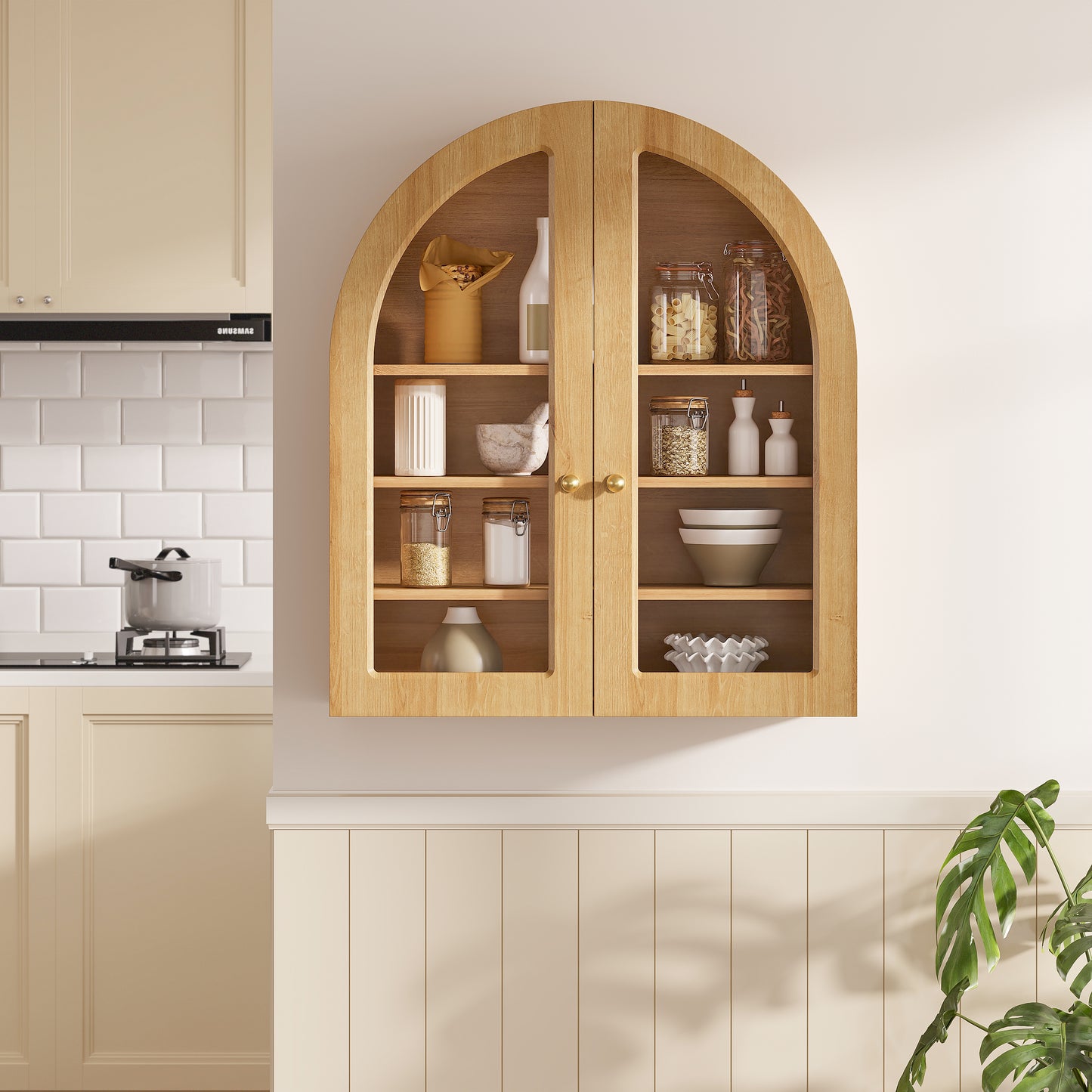 Modern Arched Wall Cabinet, 23.6" Medicine Cabinet with Glass Doors & Adjustable Shelves, Wall Mounted Wood Cabinet for Bathroom, Laundry Room, Kitchen