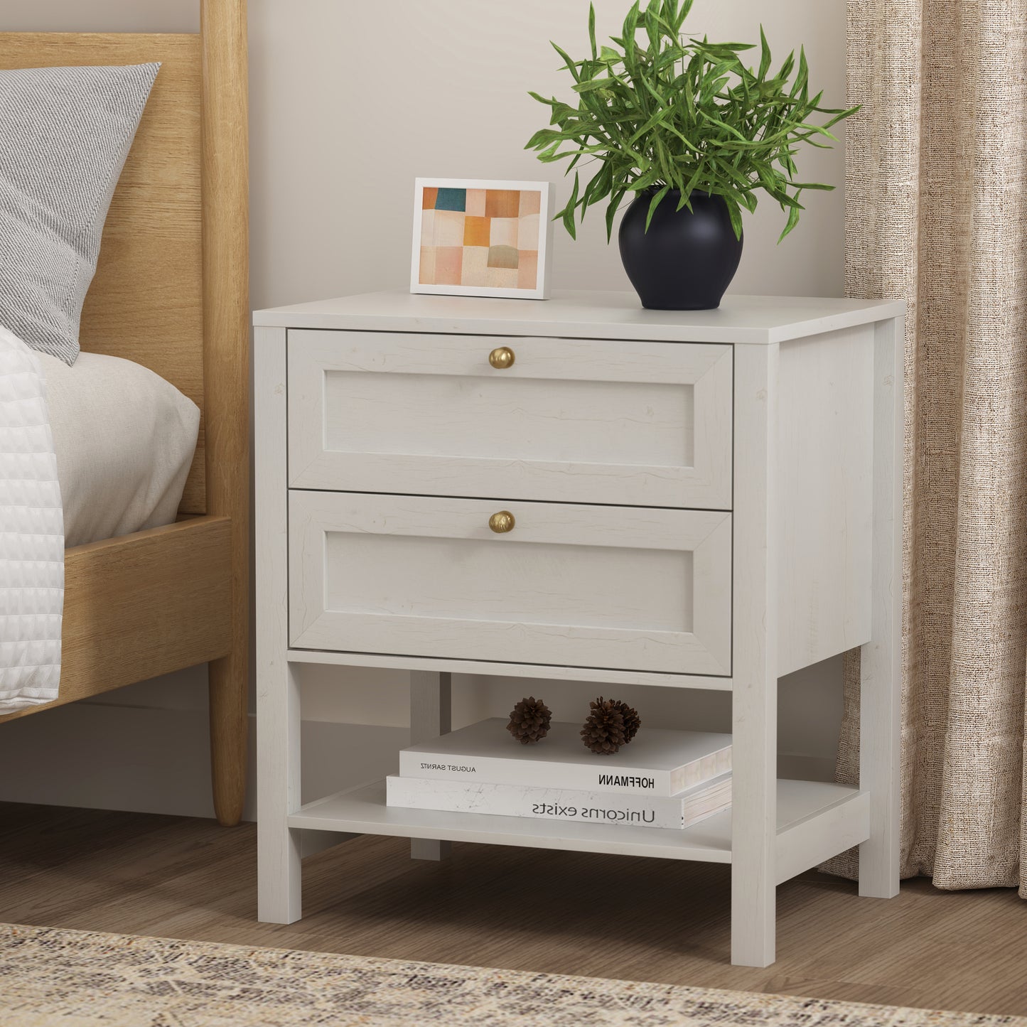 Farmhouse End Table with 2 Drawers, Wooden Nightstand with Open Storage Cable Hole Freestanding Wide Bedside Table for Bedroom Living Room Sofa