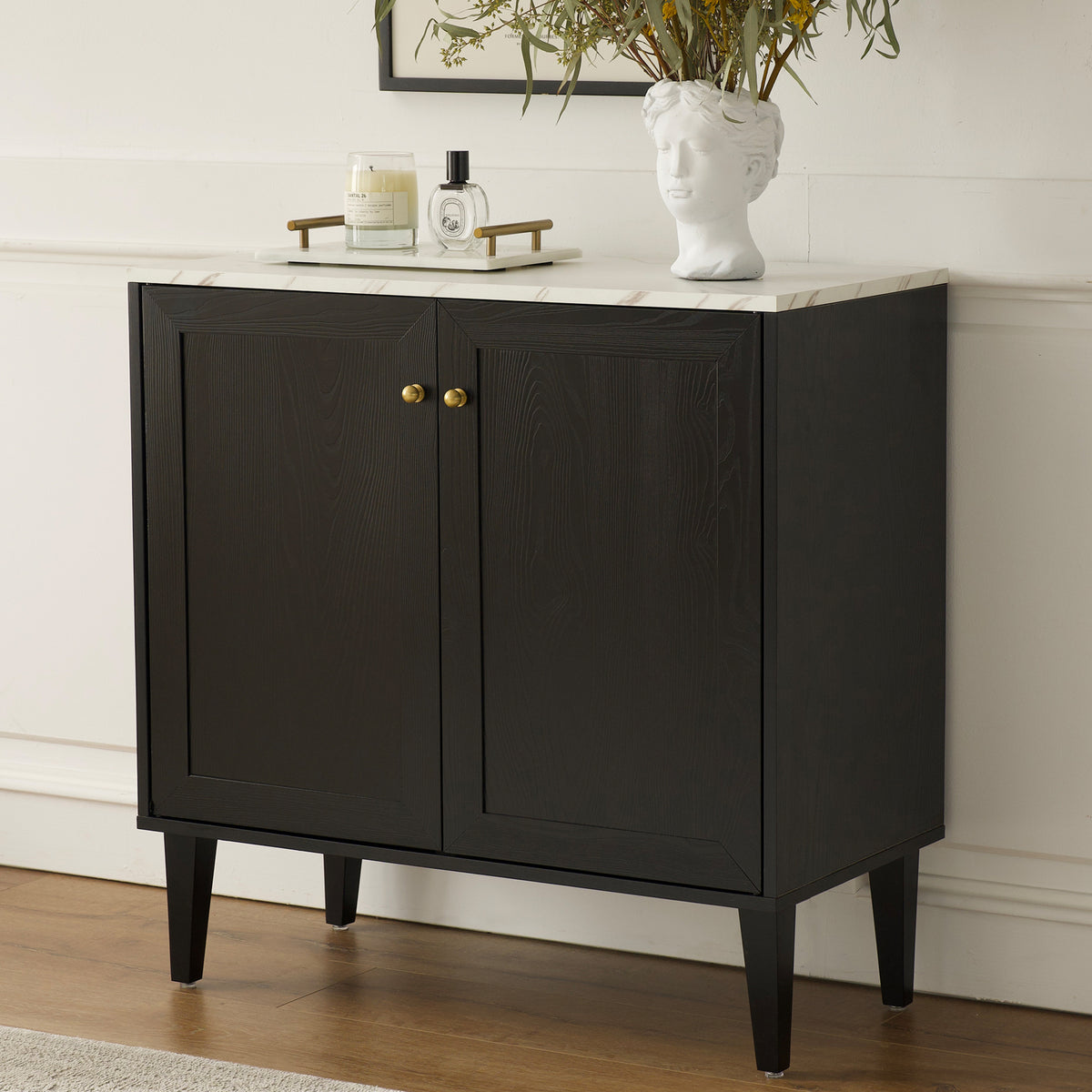 Accent Storage Cabinet Modern Freestanding Sideboard Buffet with Faux Marble Top Adjustable Shelves Wood Organizer for Living Room