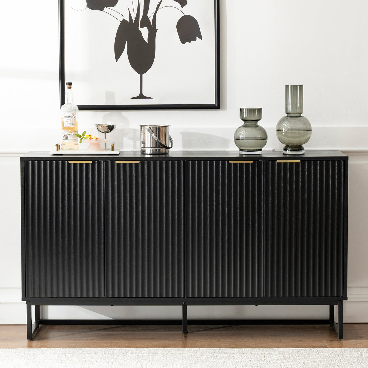 Fluted Storage Cabinet with 4 Doors, 55" Large Sideboard Buffet Cabinet with Adjustable Shelves Kitchen Wooden Credenza Coffee Bar Console Table for Dining Room Living Room