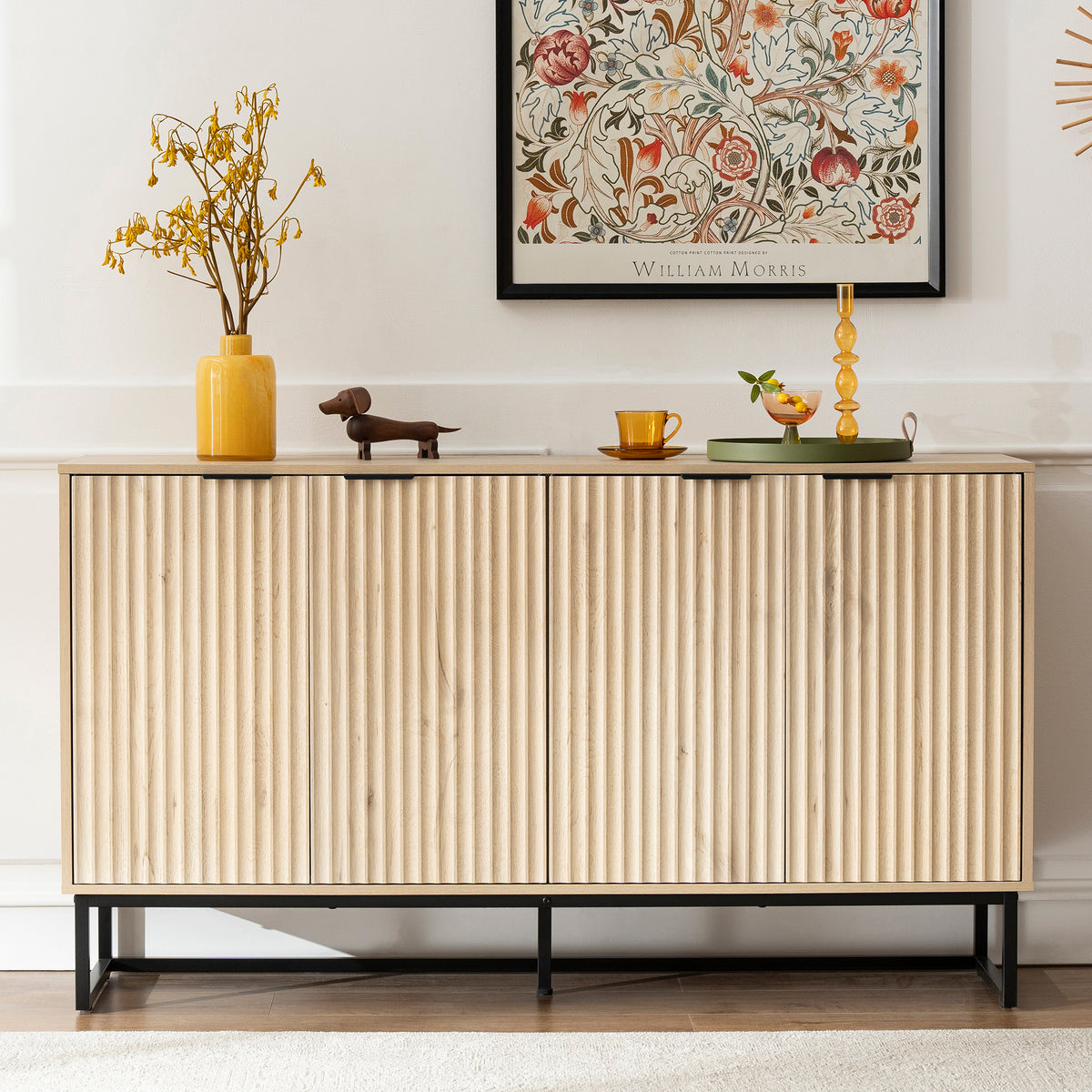 Fluted Storage Cabinet with 4 Doors, 55" Large Sideboard Buffet Cabinet with Adjustable Shelves Kitchen Wooden Credenza Coffee Bar Console Table for Dining Room Living Room