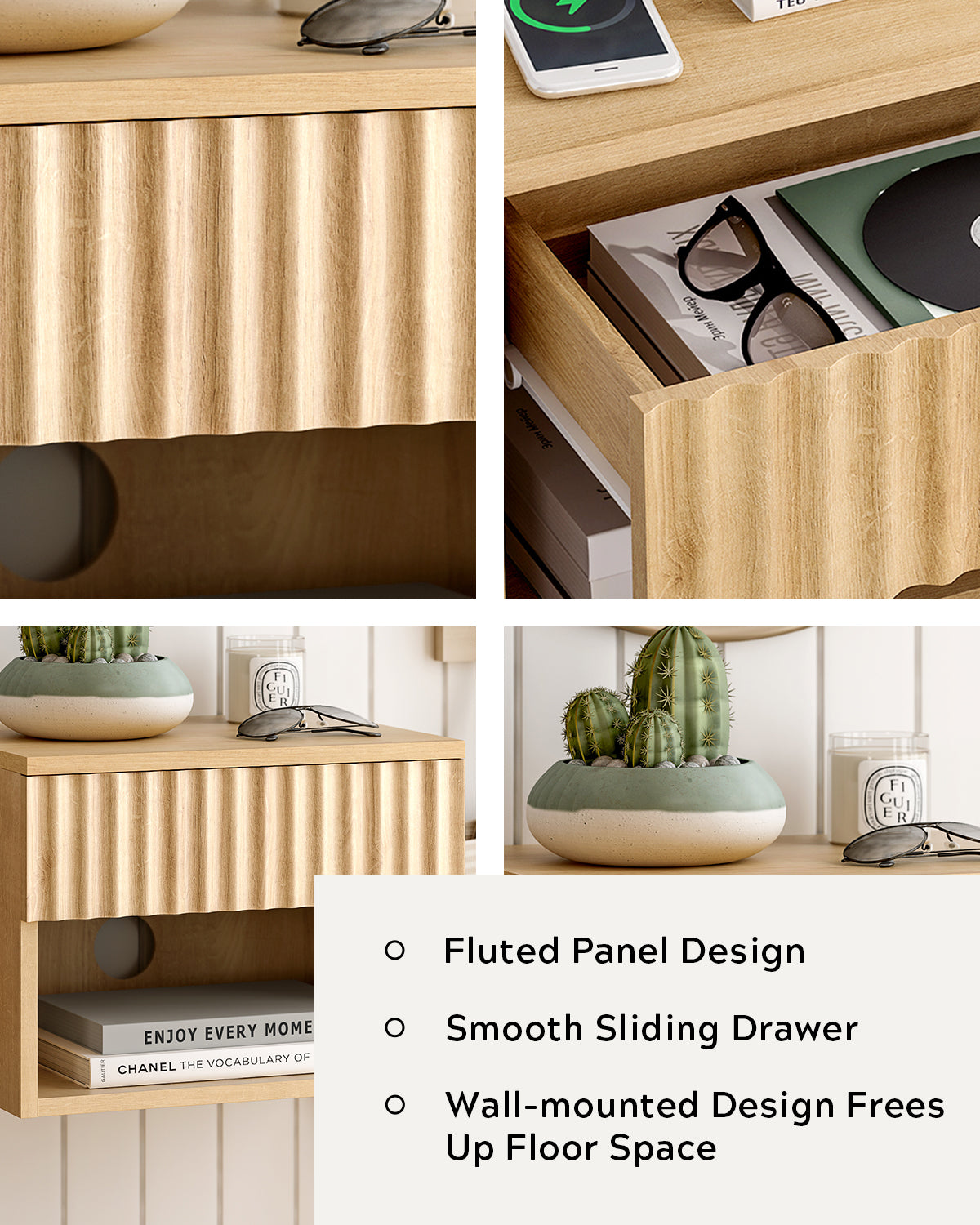 Floating nightstand，Modern Fluted Bedside Tables with Drawer & Open Shelf