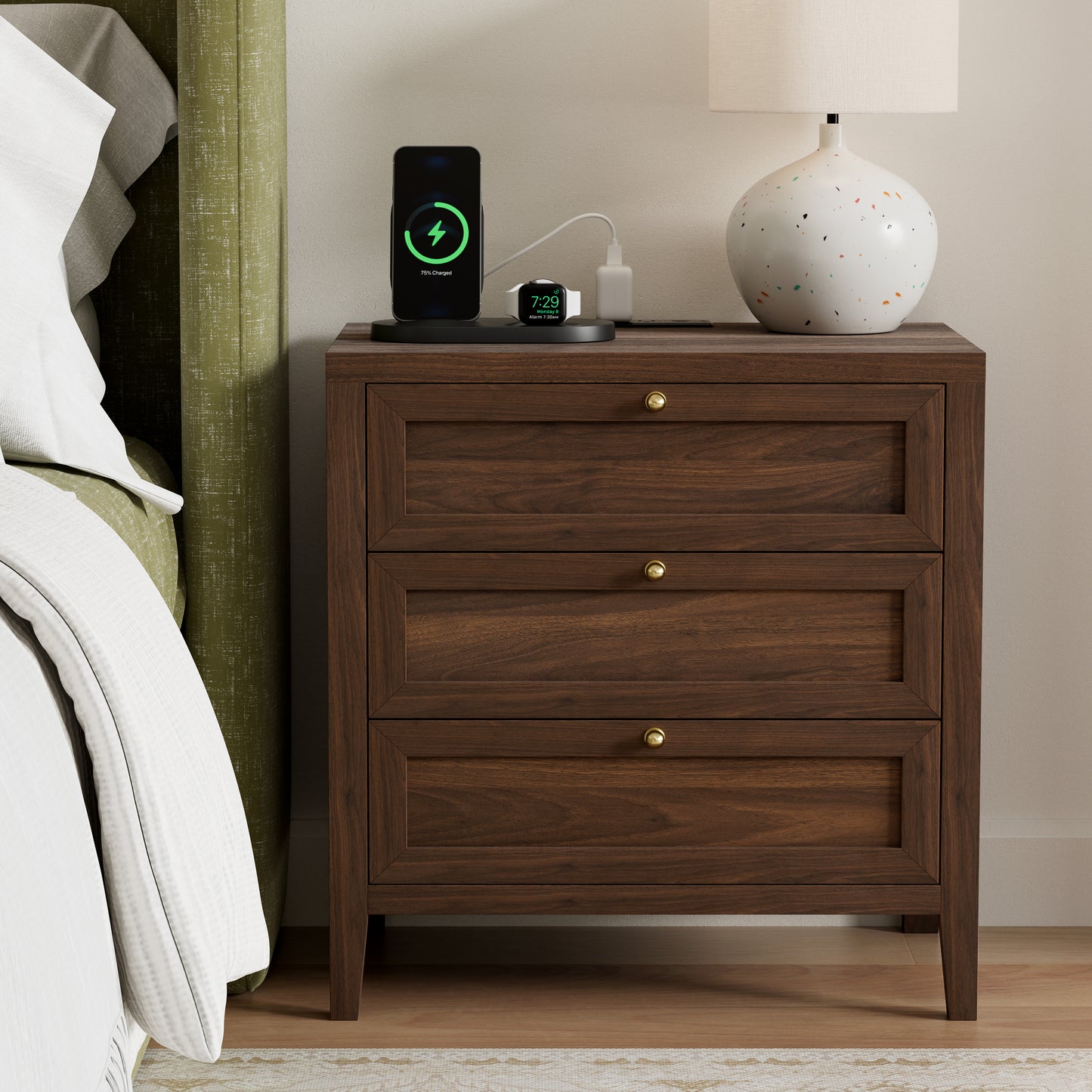 Farmhouse Nightstands Set of 2 with 3 Drawers Larger Night Stand with Charging Station Tall Bed Side Table Wide Nightstand End Table for Sofa, Bedroom