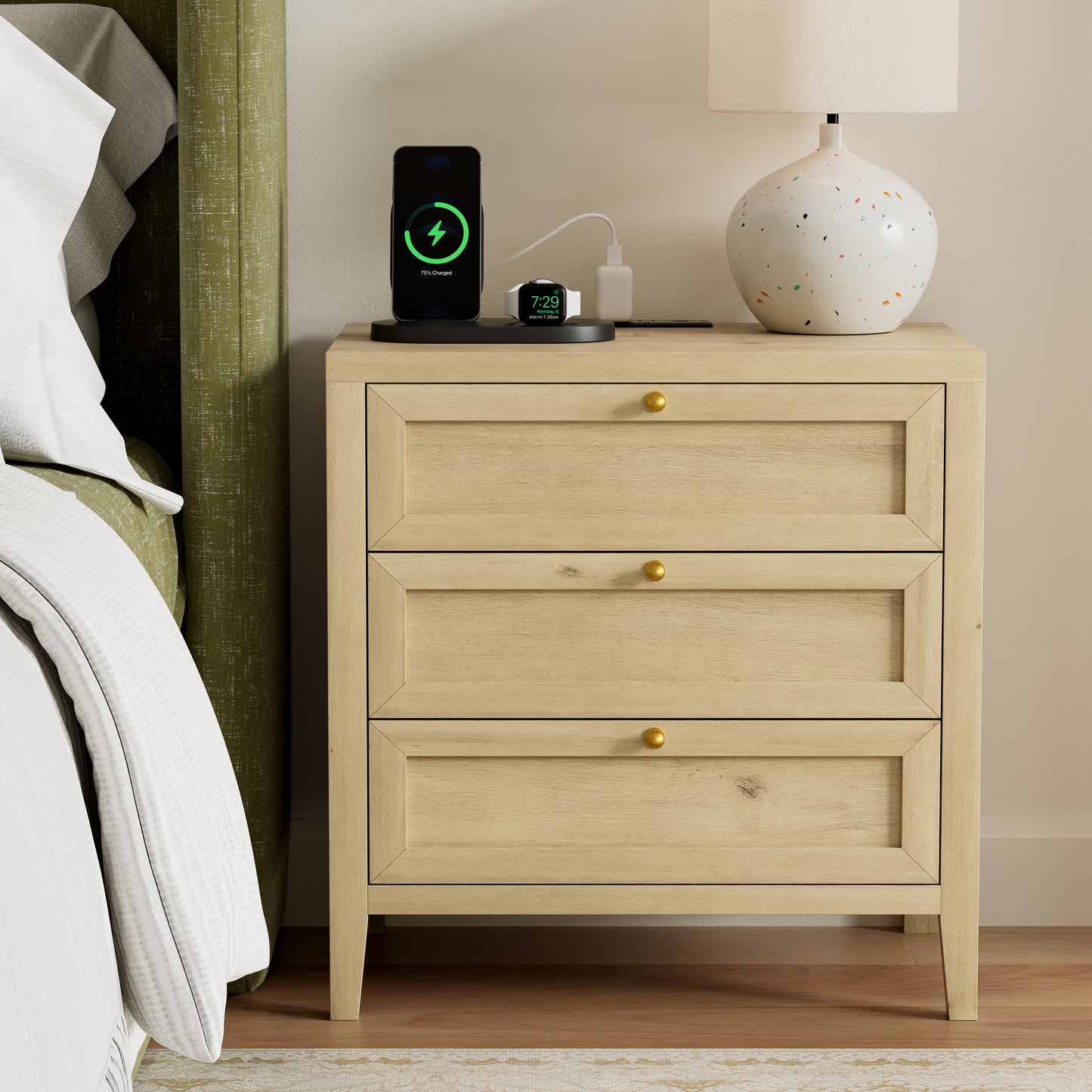 Farmhouse Nightstands Set of 2 with 3 Drawers Larger Night Stand with Charging Station Tall Bed Side Table Wide Nightstand End Table for Sofa, Bedroom