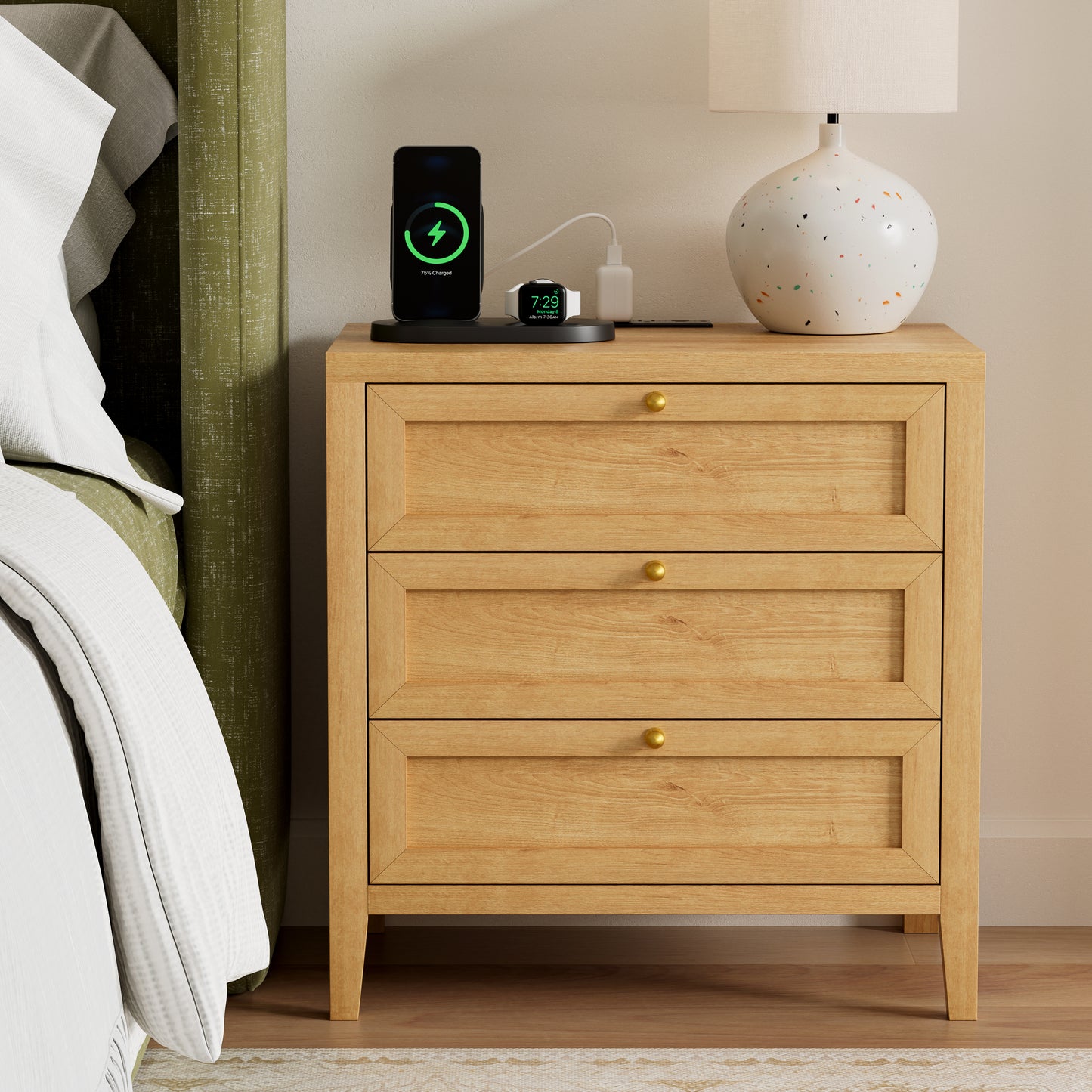 Farmhouse Nightstands Set of 2 with 3 Drawers Larger Night Stand with Charging Station Tall Bed Side Table Wide Nightstand End Table for Sofa, Bedroom
