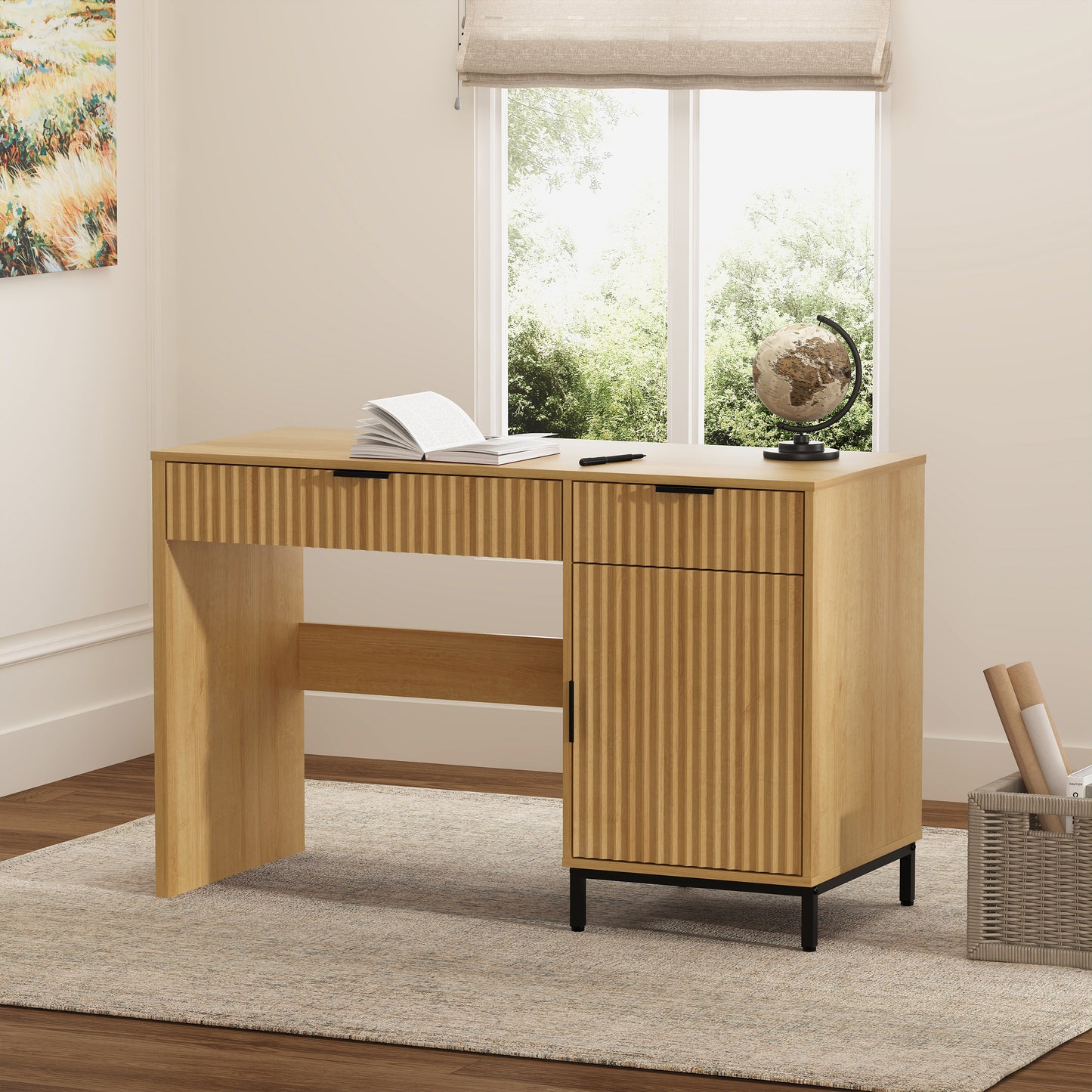 47" Office Desk with Fluted Drawers, Wooden Home Exectuive Desk with Storage Cabinet, Charging Station, Metal Legs Modern Farmhouse Computer Desk for Work, Study