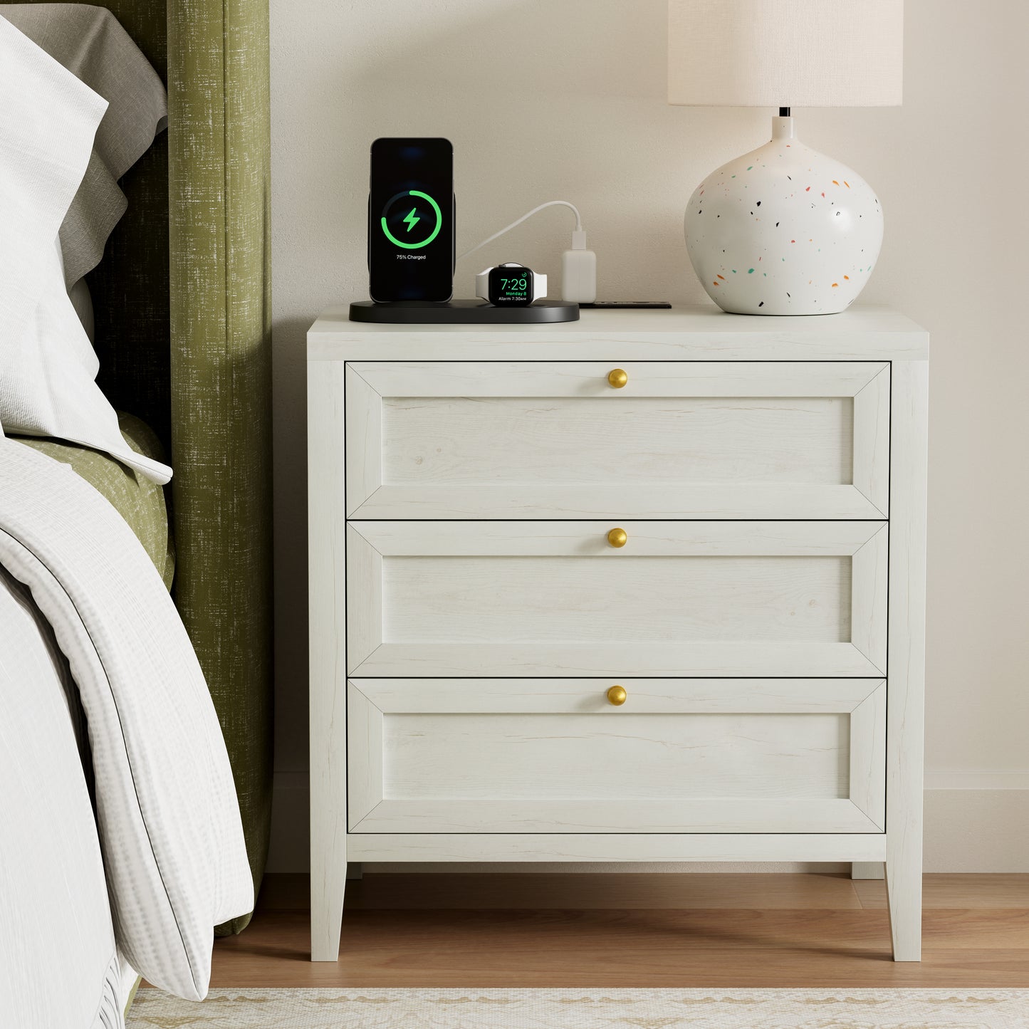 Farmhouse Nightstands Set of 2 with 3 Drawers Larger Night Stand with Charging Station Tall Bed Side Table Wide Nightstand End Table for Sofa, Bedroom