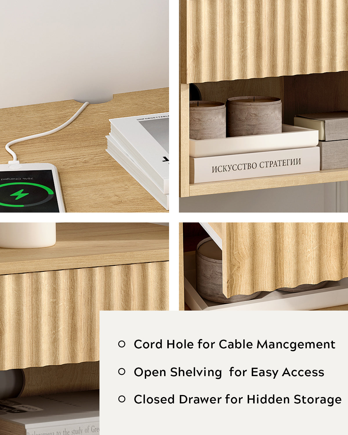 Floating nightstand，Modern Fluted Bedside Tables with Drawer & Open Shelf