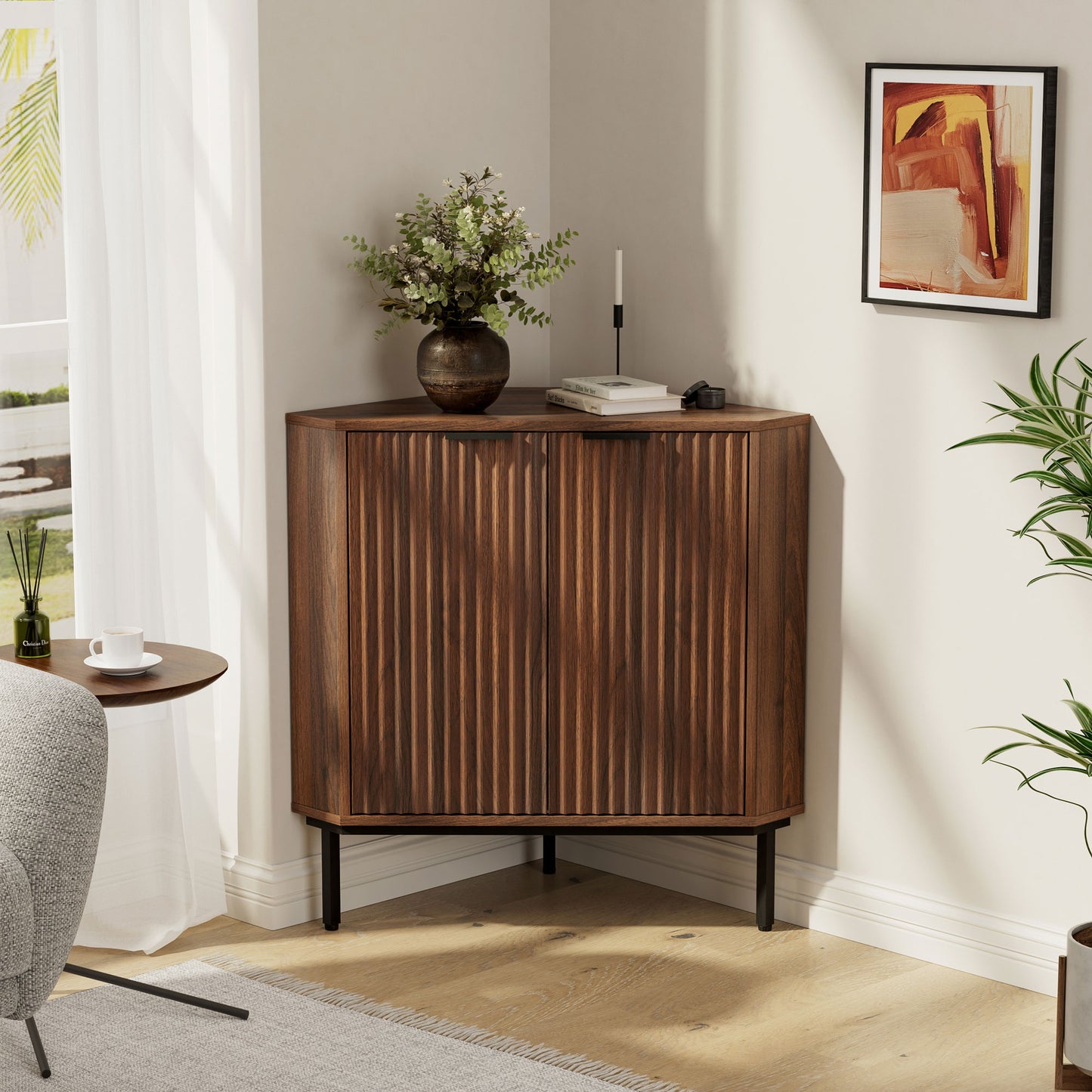 Modern Fluted Corner Cabinet, Small Floor Storage Cabinet with Adjustable Shelf & Metal Legs, Wooden Freestanding Narrow Organizer for Living Room Kitchen