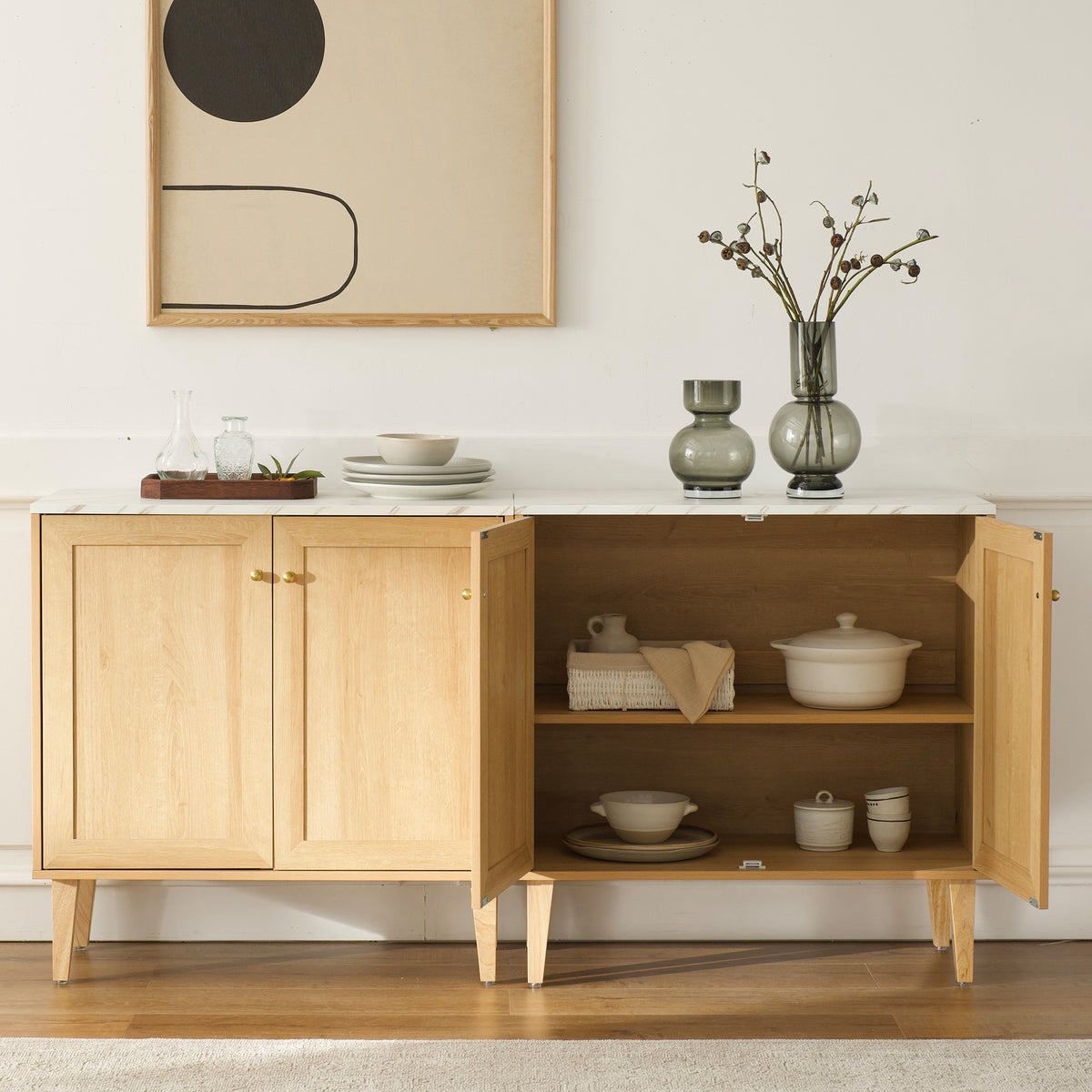 Accent Storage Cabinet Modern Freestanding Sideboard Buffet with Faux Marble Top Adjustable Shelves Wood Organizer for Living Room