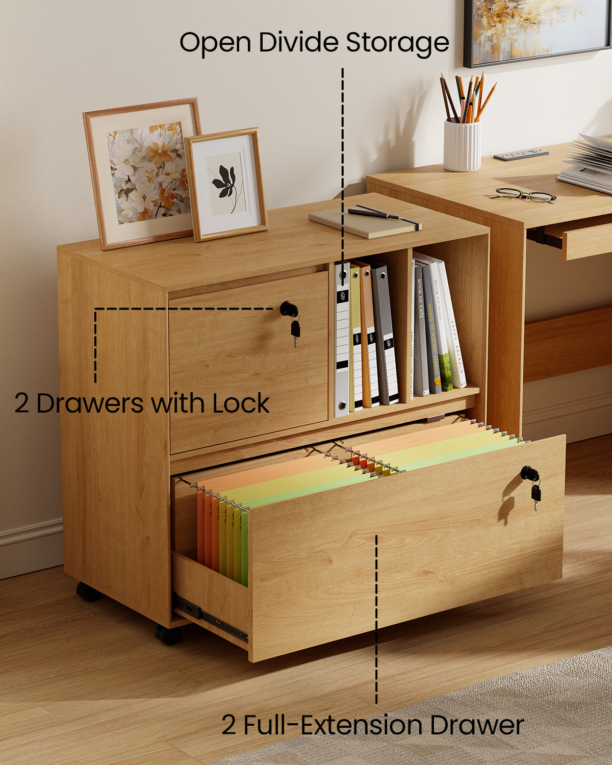 2 Drawer Mobile File Cabinet with Lock, Wood Lateral Filing Cabinet with 2 Open Shelves, Fits for A4/Letter-Sized Files, Printer for Home Office