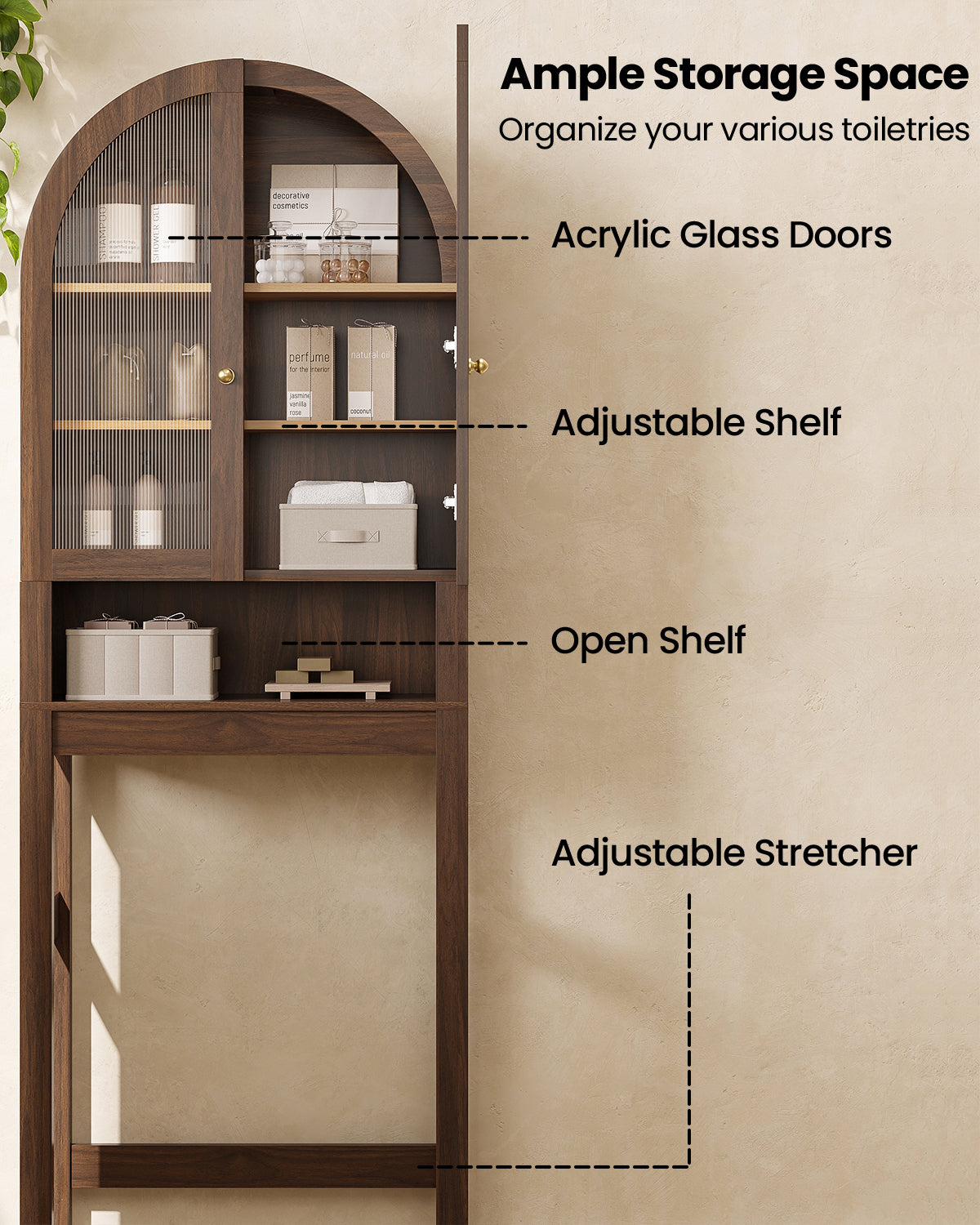 Arched Over The Toilet Storage Cabinet with Acrylic Door Over Toilet Bathroom Organizer Shelf with Open & Adjustable Shelf, Freestanding Bathroom Storage, Space-Saving