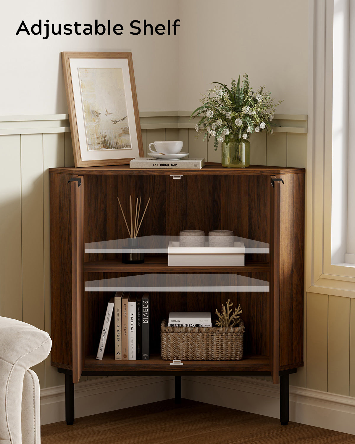 Modern Fluted Corner Cabinet, Small Floor Storage Cabinet with Adjustable Shelf & Metal Legs, Wooden Freestanding Narrow Organizer for Living Room Kitchen