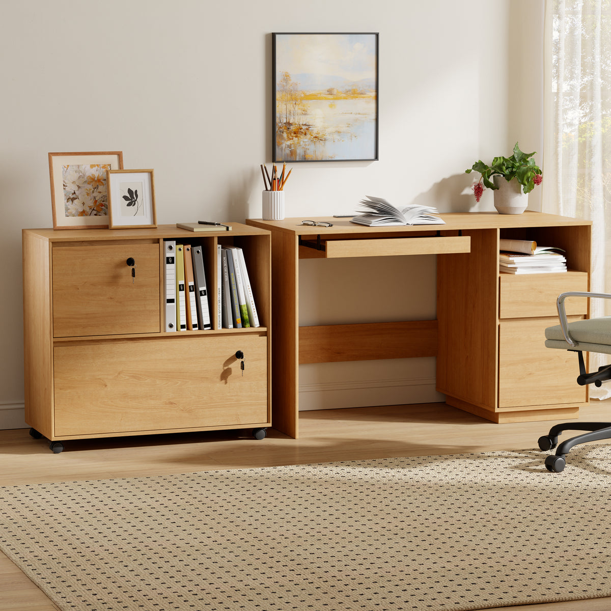 2 Drawer Mobile File Cabinet with Lock, Wood Lateral Filing Cabinet with 2 Open Shelves, Fits for A4/Letter-Sized Files, Printer for Home Office