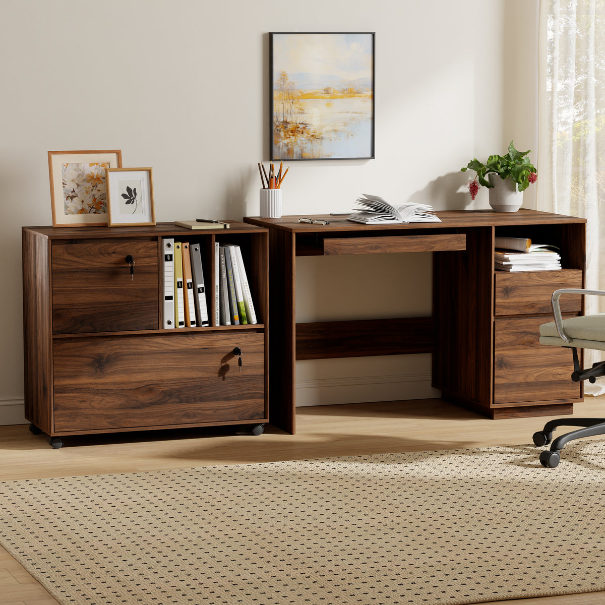 2 Drawer Mobile File Cabinet with Lock, Wood Lateral Filing Cabinet with 2 Open Shelves, Fits for A4/Letter-Sized Files, Printer for Home Office