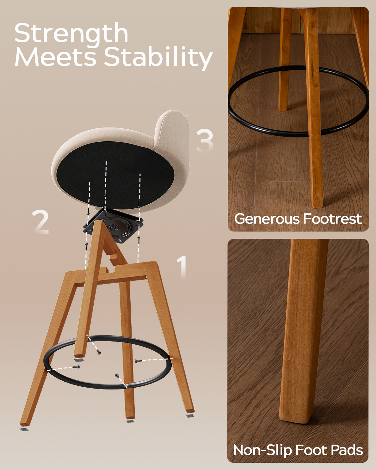 26" Swivel Bar Stools Set of 4, Farmhouse Upholstered Bar Chairs with Curved Back and Wood Legs, Chenille Fabric Counter Height Island Chairs for Kitchen Island