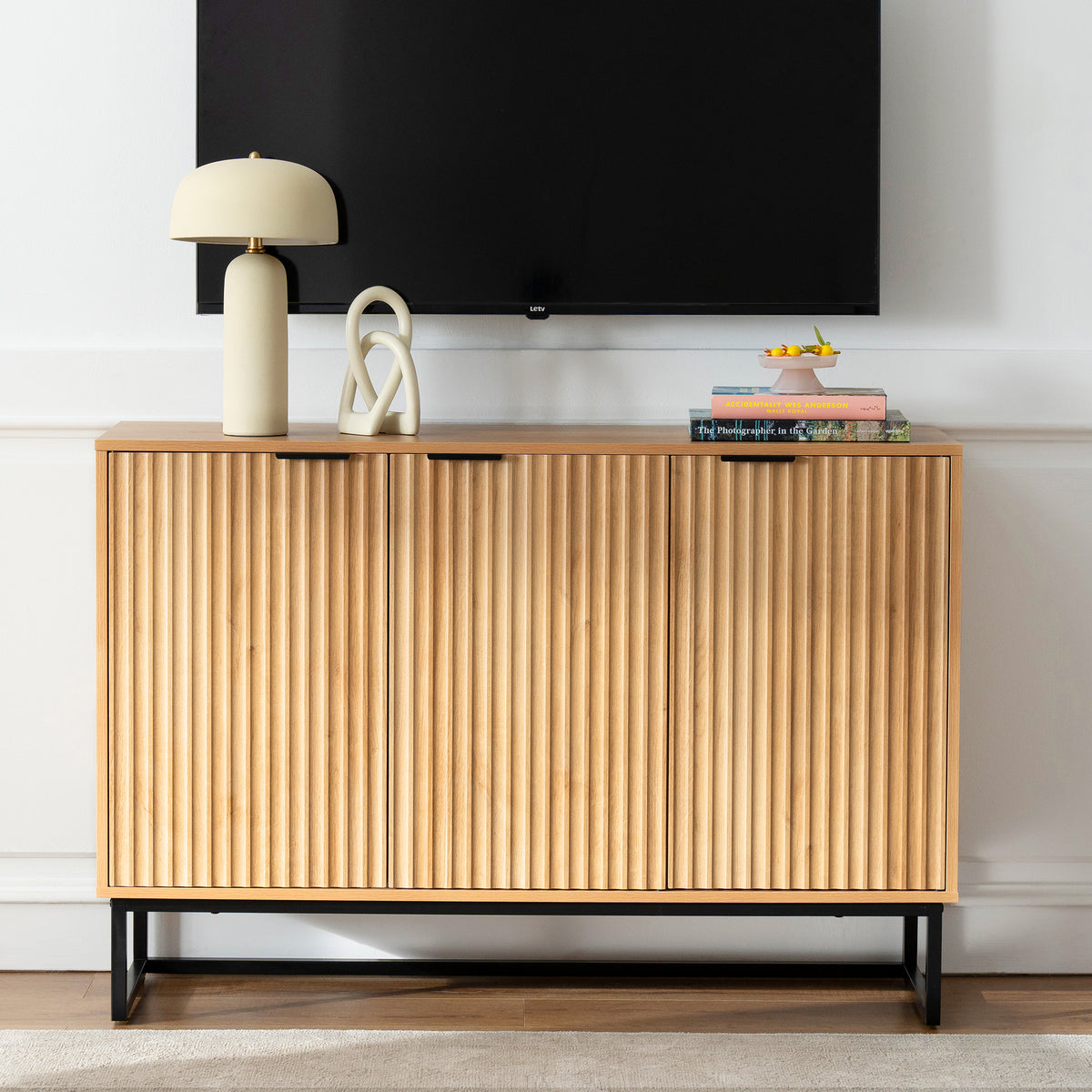 Fluted Storage Cabinet with 3 Doors, Sideboard Buffet Cabinets with Adjustable Shelves, Multifunctional Console Table with Storage Credenza for Living Room, Hallway,