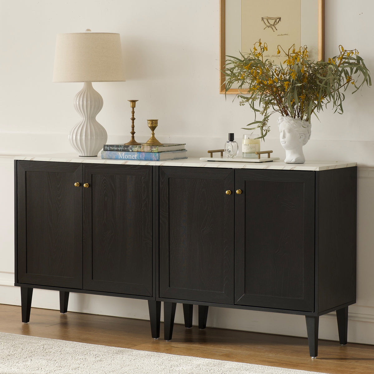 Accent Storage Cabinet Modern Freestanding Sideboard Buffet with Faux Marble Top Adjustable Shelves Wood Organizer for Living Room