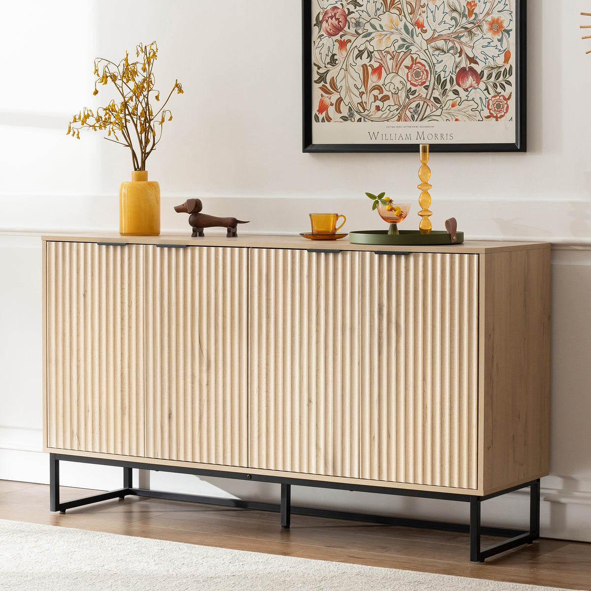 Fluted Storage Cabinet with 4 Doors, 55" Large Sideboard Buffet Cabinet with Adjustable Shelves Kitchen Wooden Credenza Coffee Bar Console Table for Dining Room Living Room