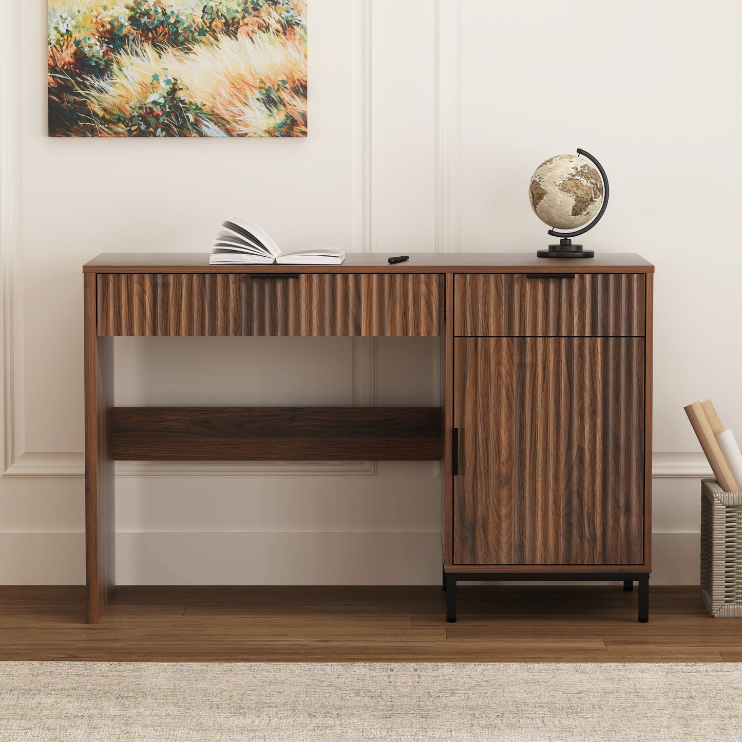 47" Office Desk with Fluted Drawers, Wooden Home Exectuive Desk with Storage Cabinet, Charging Station, Metal Legs Modern Farmhouse Computer Desk for Work, Study