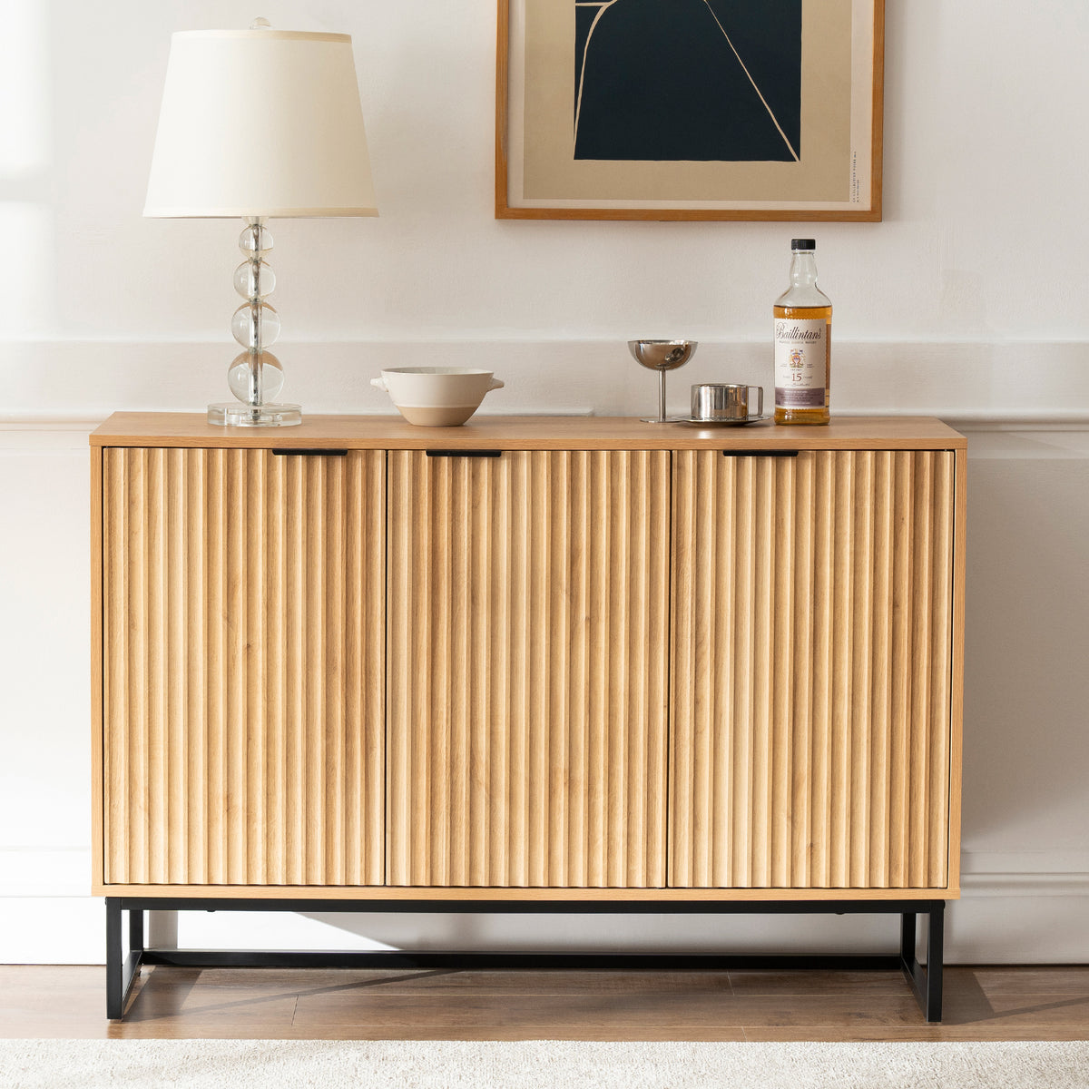 Fluted Storage Cabinet with 3 Doors, Sideboard Buffet Cabinets with Adjustable Shelves, Multifunctional Console Table with Storage Credenza for Living Room, Hallway,