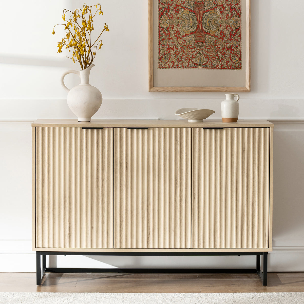 Fluted Storage Cabinet with 3 Doors, Sideboard Buffet Cabinets with Adjustable Shelves, Multifunctional Console Table with Storage Credenza for Living Room, Hallway,