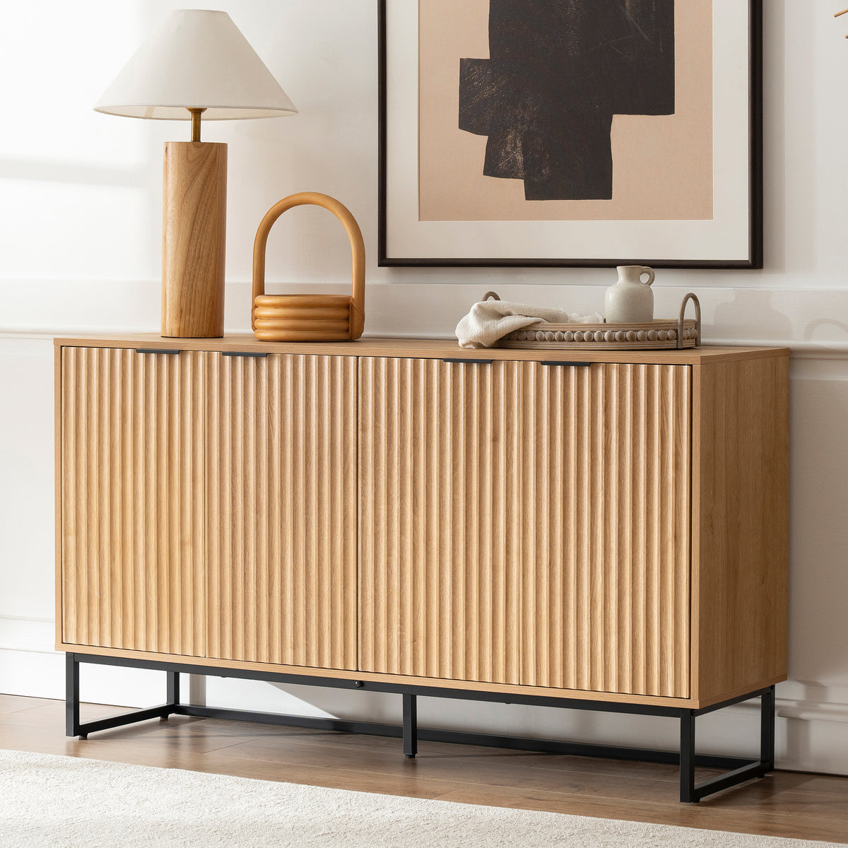Fluted Storage Cabinet with 4 Doors, 55" Large Sideboard Buffet Cabinet with Adjustable Shelves Kitchen Wooden Credenza Coffee Bar Console Table for Dining Room Living Room
