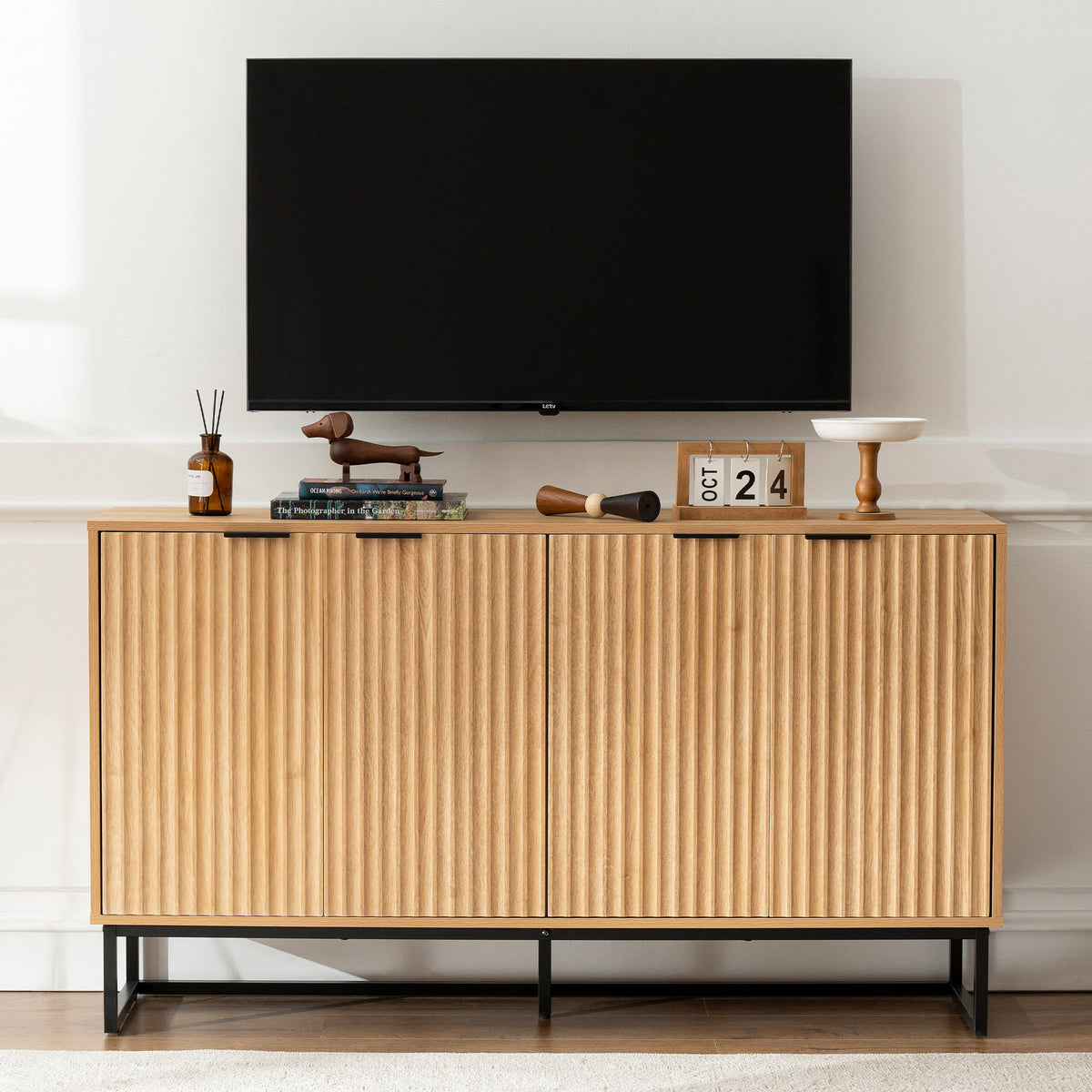 Fluted Storage Cabinet with 4 Doors, 55" Large Sideboard Buffet Cabinet with Adjustable Shelves Kitchen Wooden Credenza Coffee Bar Console Table for Dining Room Living Room