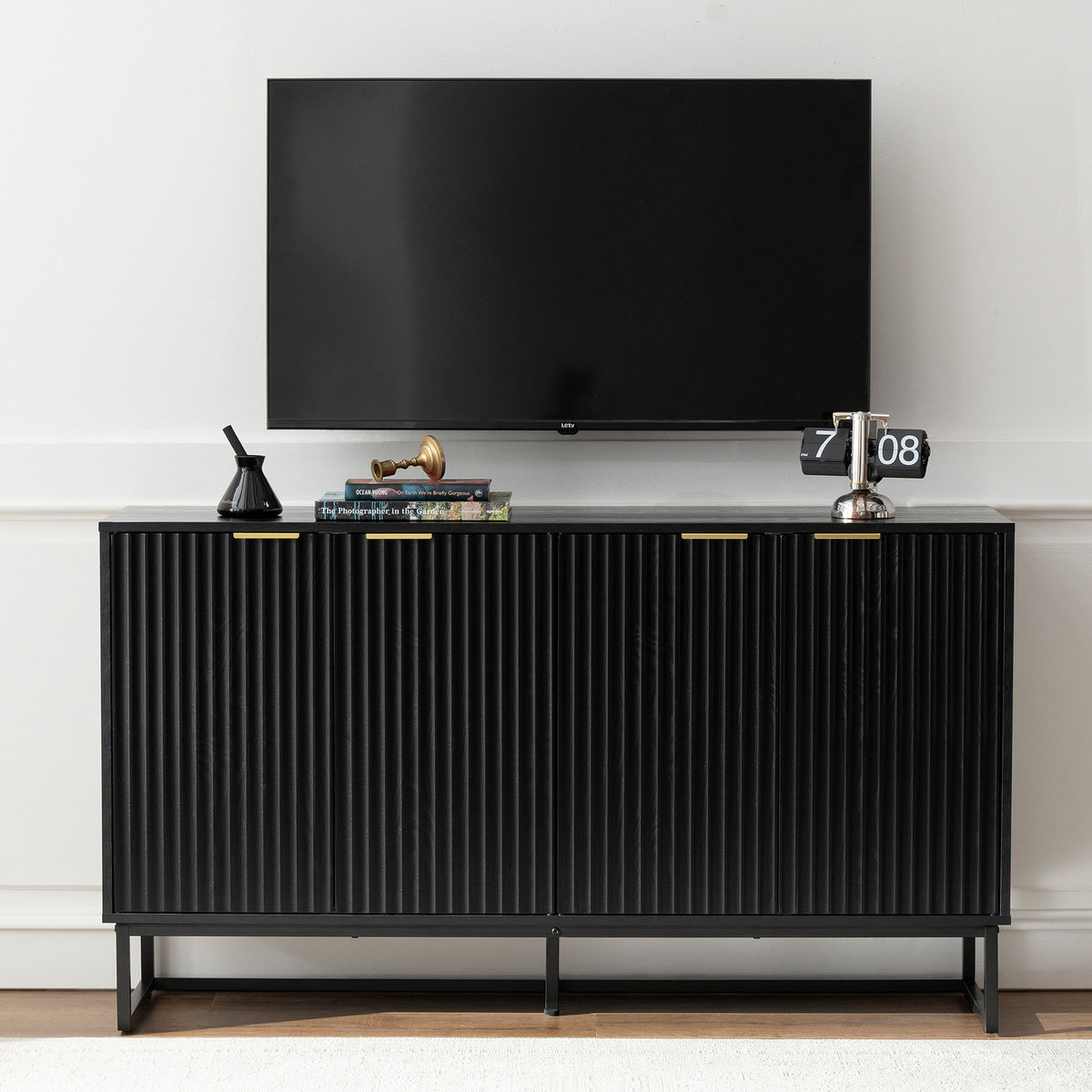 Fluted Storage Cabinet with 4 Doors, 55" Large Sideboard Buffet Cabinet with Adjustable Shelves Kitchen Wooden Credenza Coffee Bar Console Table for Dining Room Living Room