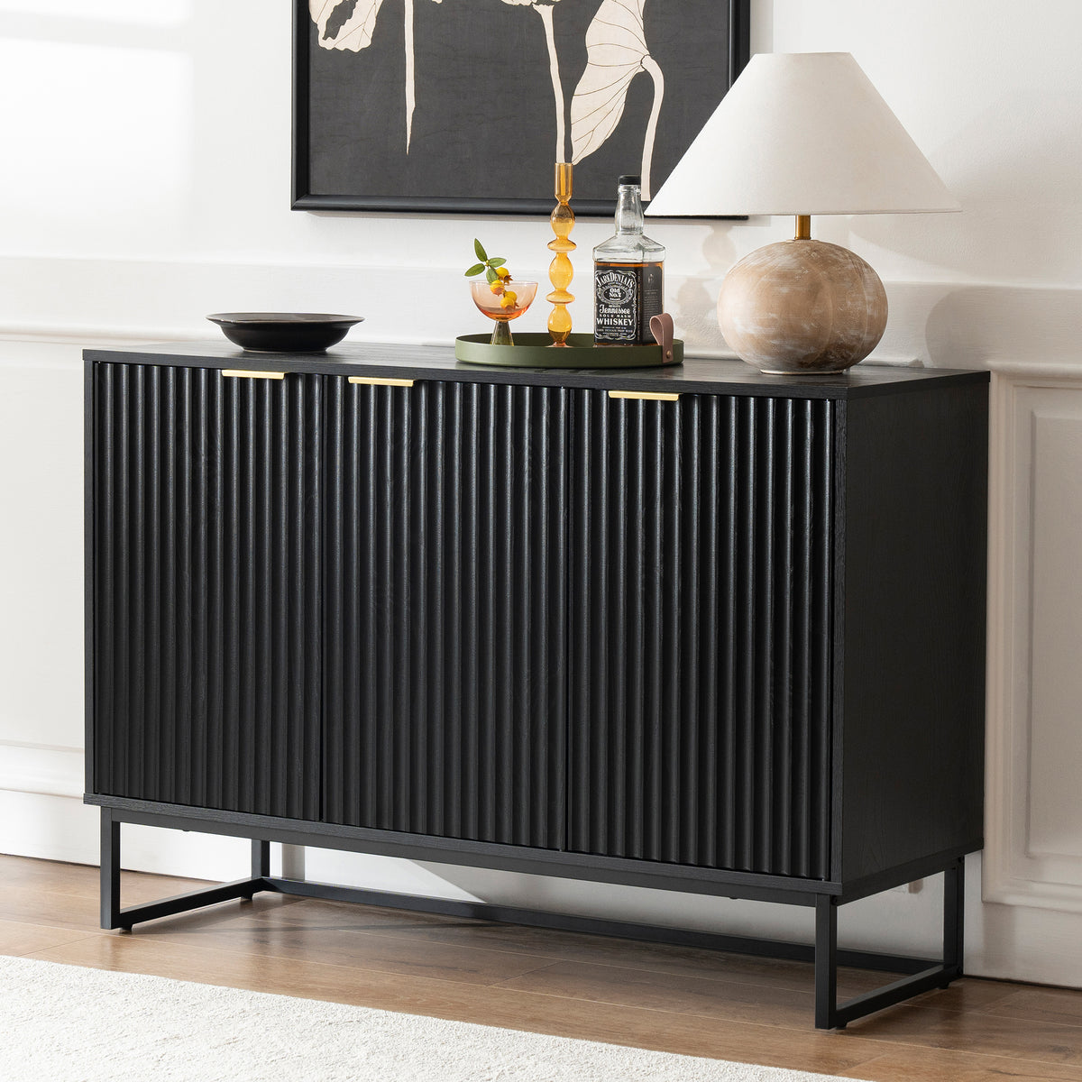 Fluted Storage Cabinet with 3 Doors, Sideboard Buffet Cabinets with Adjustable Shelves, Multifunctional Console Table with Storage Credenza for Living Room, Hallway,