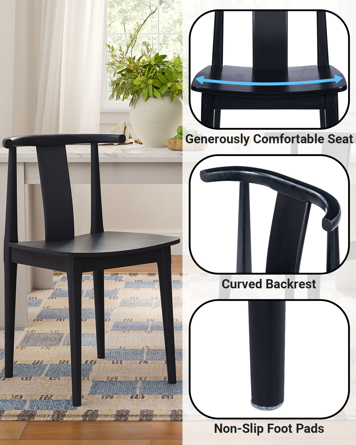 Wood Dining Room Chairs Set of 2, Mid Century Modern Kitchen Chairs Wishbone Chair with Curved Back Armless Accent Chair for Living Room Restaurant