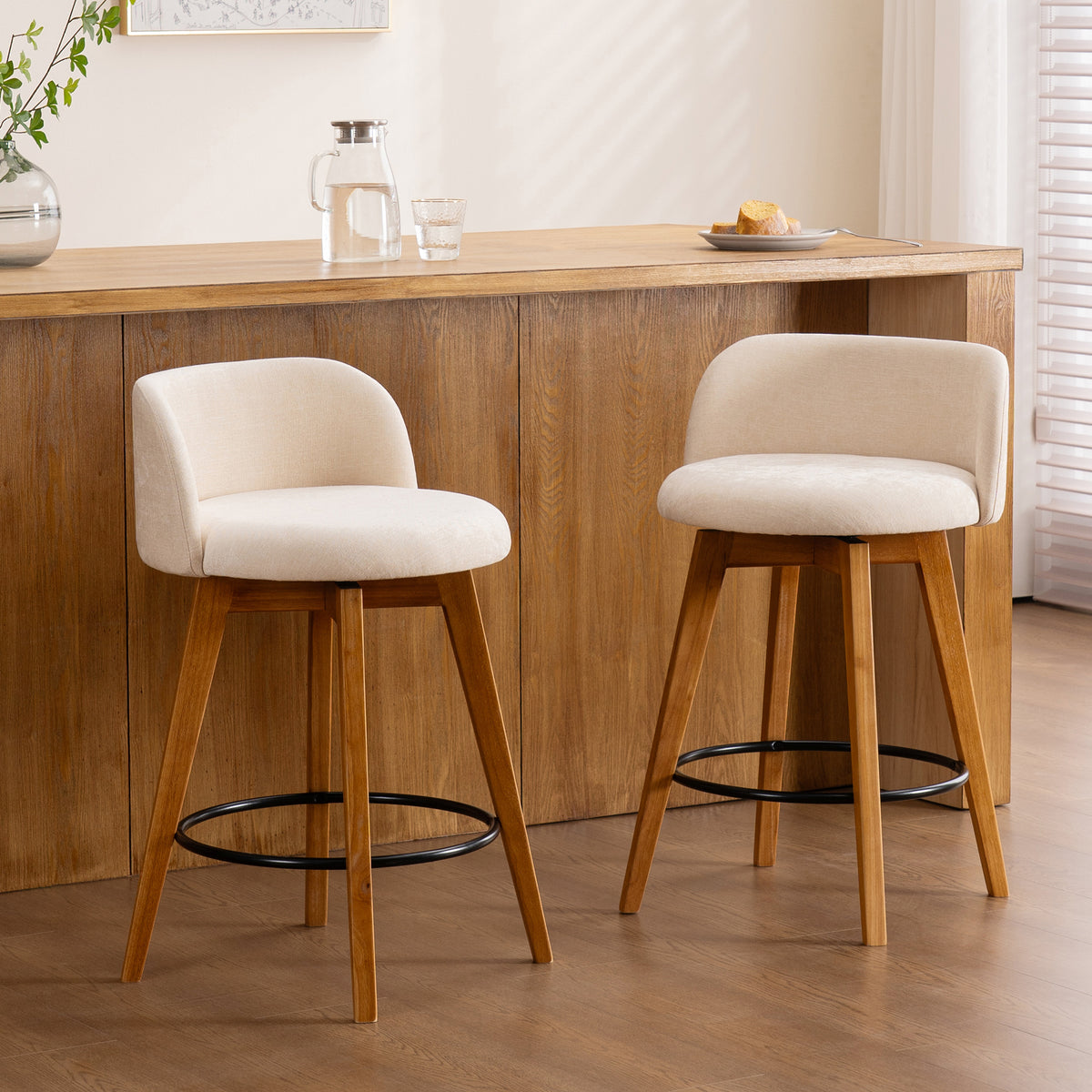 26" Swivel Bar Stools Set of 4, Farmhouse Upholstered Bar Chairs with Curved Back and Wood Legs, Chenille Fabric Counter Height Island Chairs for Kitchen Island
