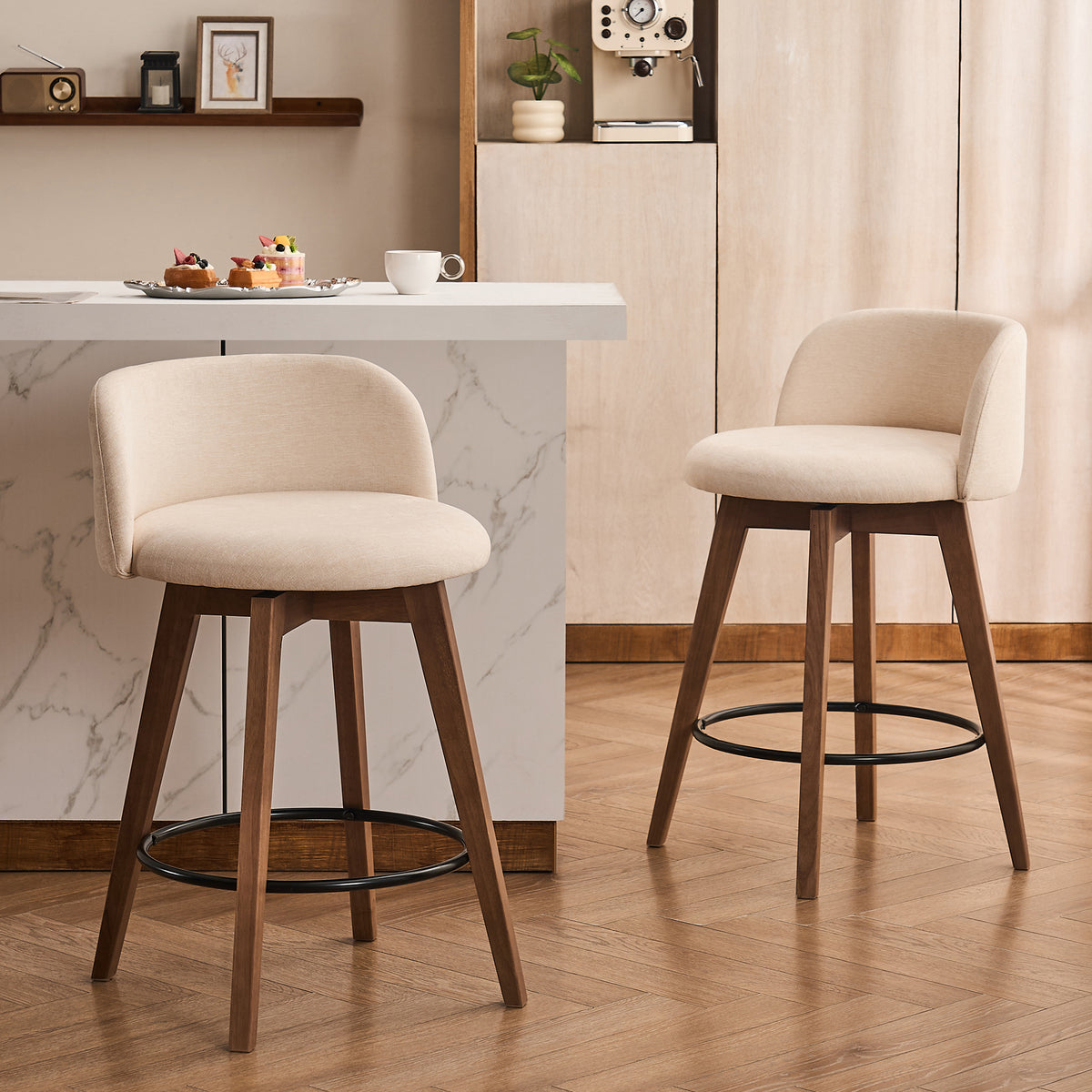 26" Swivel Bar Stools Set of 4, Farmhouse Upholstered Bar Chairs with Curved Back and Wood Legs, Chenille Fabric Counter Height Island Chairs for Kitchen Island