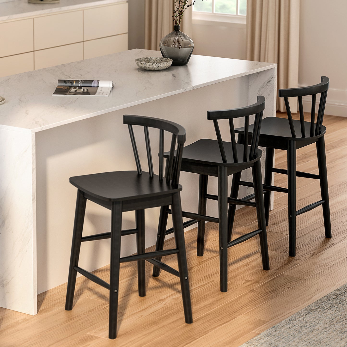 Modern Bar Stools Set of 2, 24" Wooden Counter Height Barstools, Modern Armless Farmhouse Bar Dining Chairs with Back & Footrest for Kitchen Island Pub
