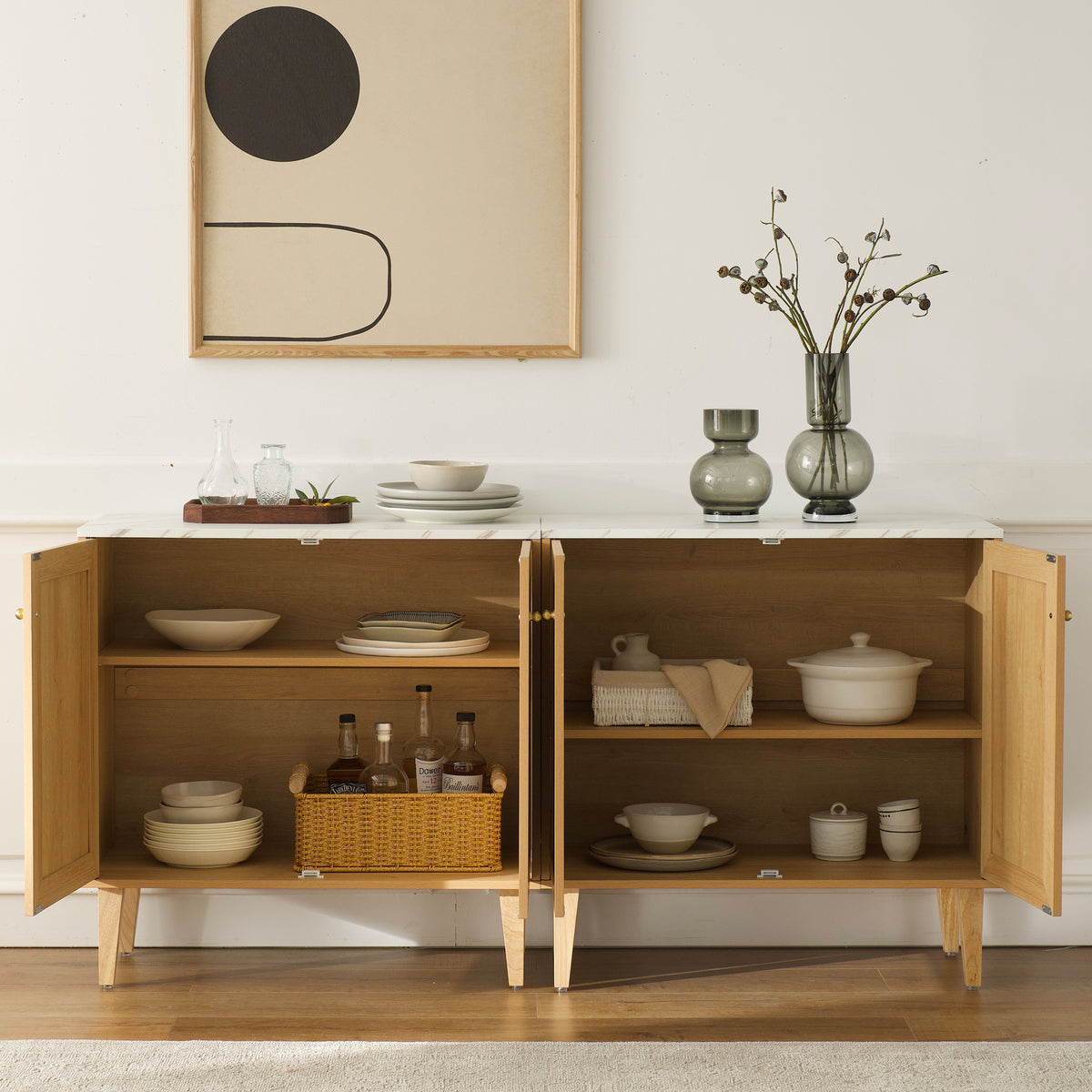 Accent Storage Cabinet Modern Freestanding Sideboard Buffet with Faux Marble Top Adjustable Shelves Wood Organizer for Living Room