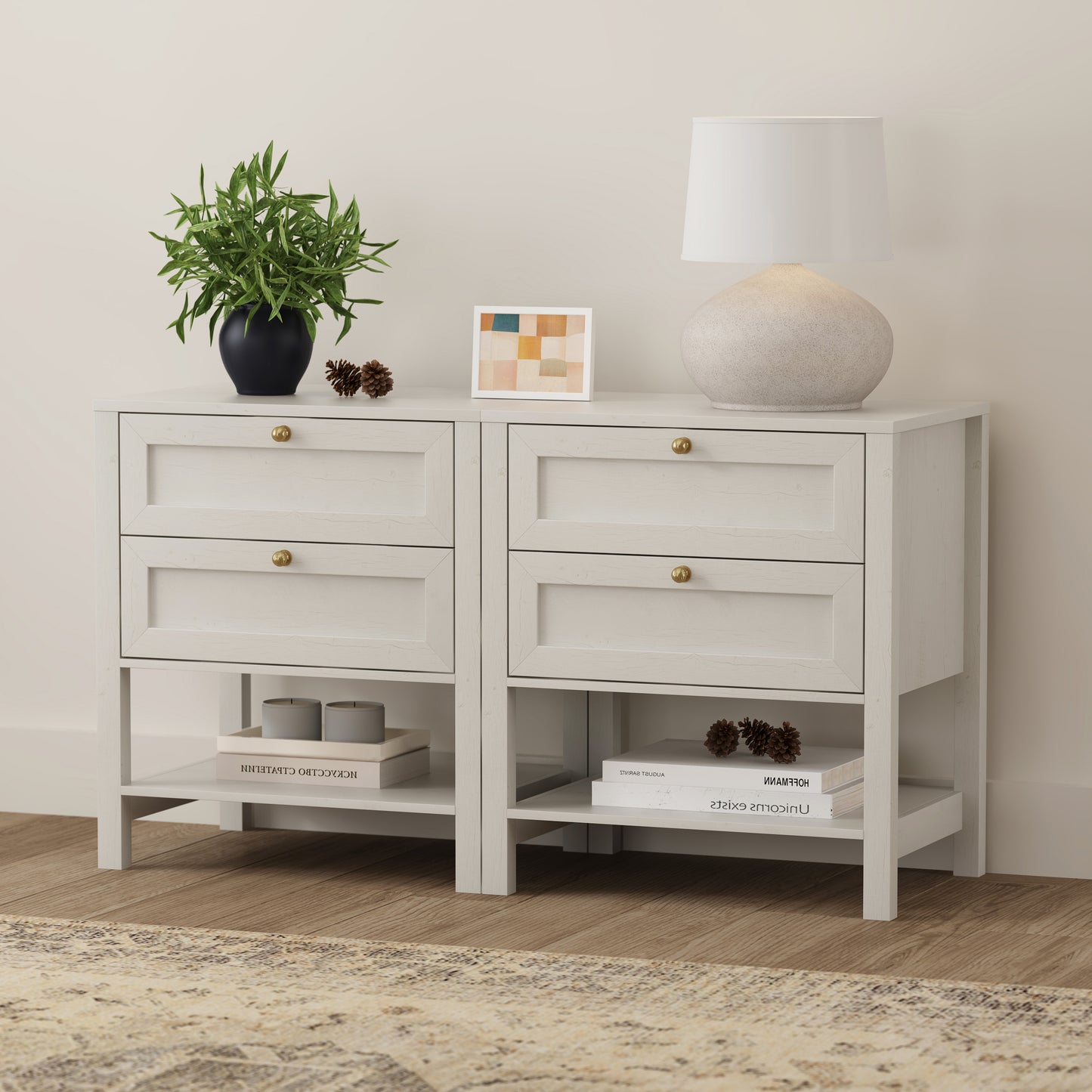 End Table with 2 Drawers, Farmhouse Nightstand with Open Shelf, Modern Bedside Cabinet Side Table Night Stand for Bedroom, Living Room